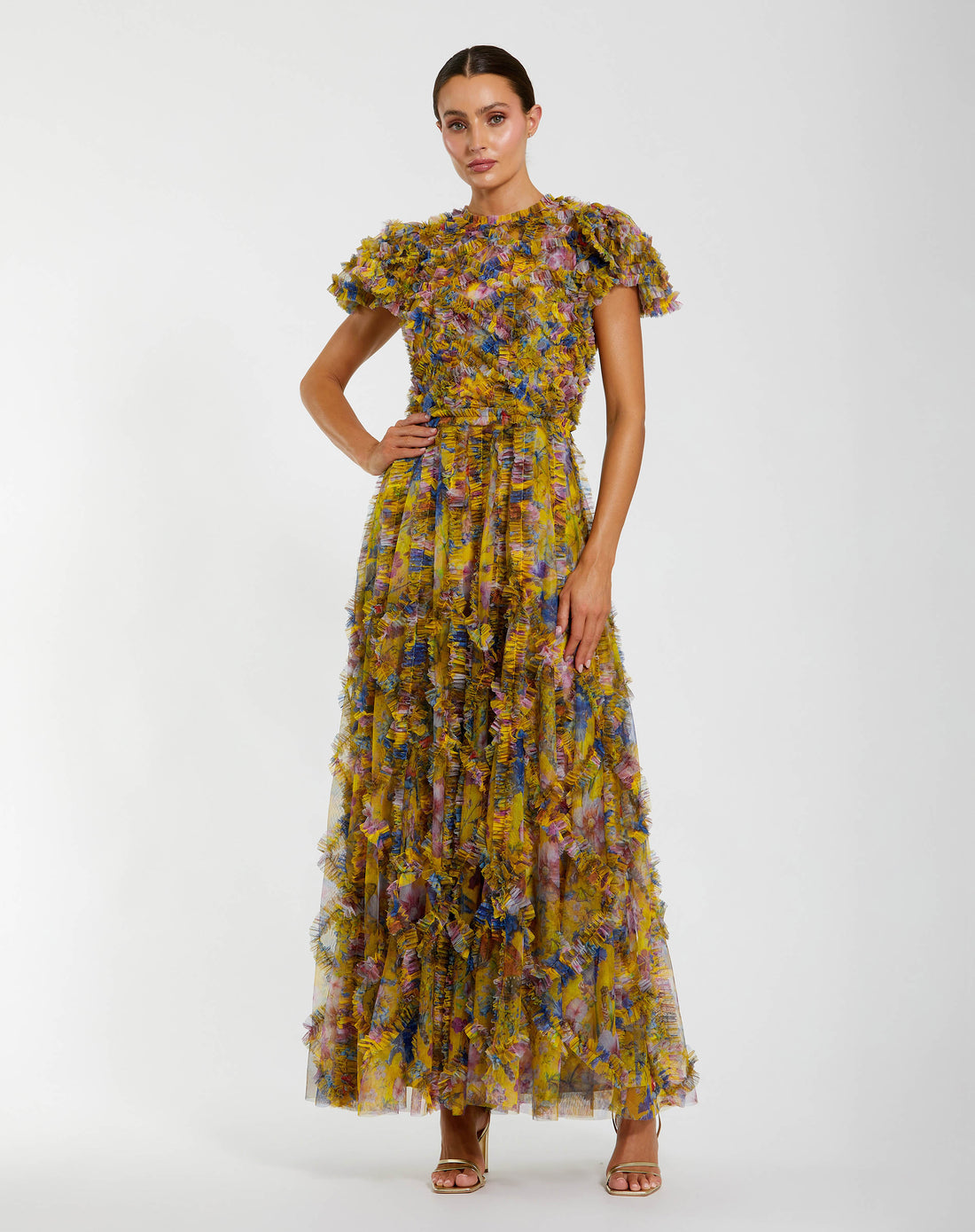 Yellow Micro Ruffle Floral Maxi Dress - Mac Duggal