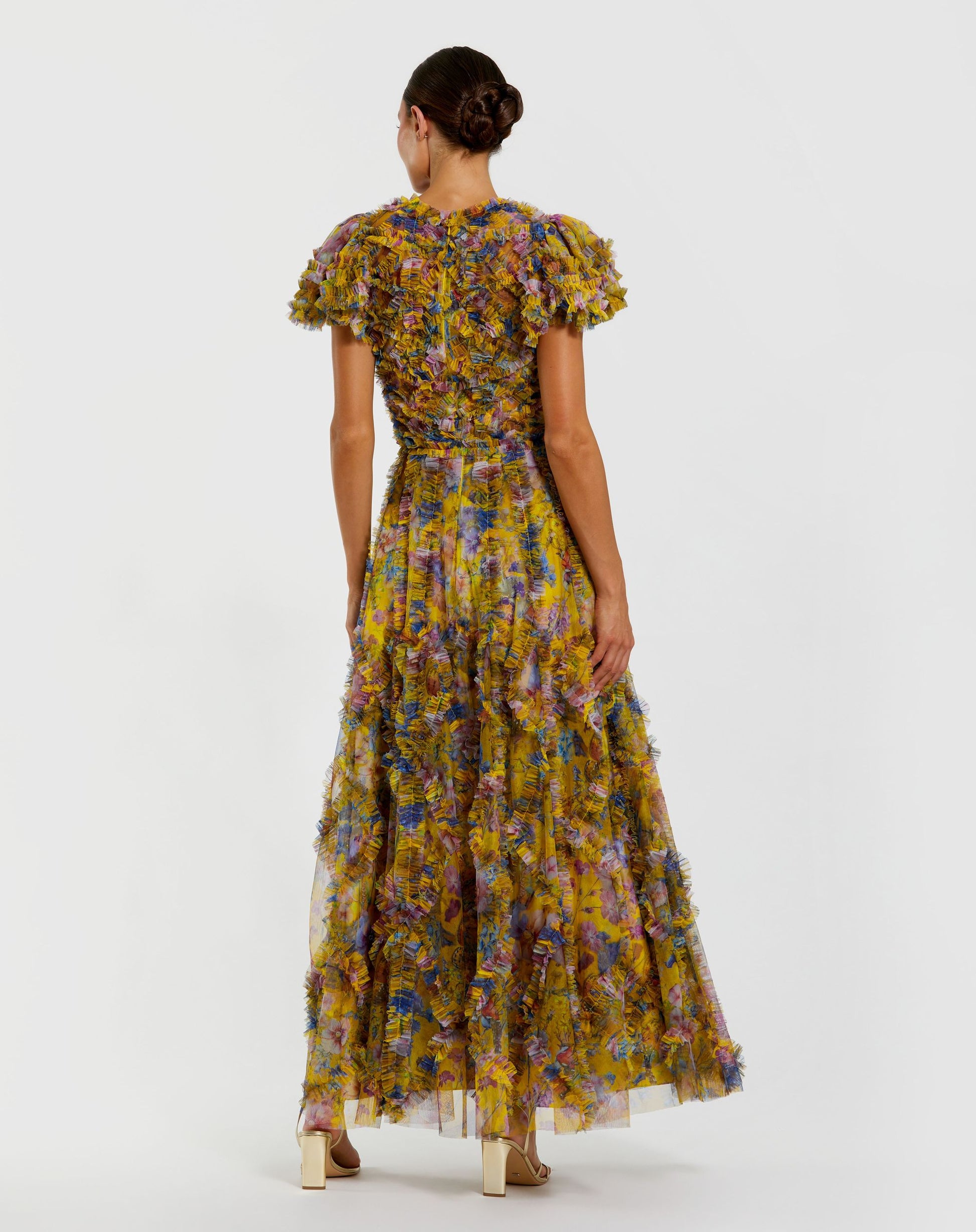Yellow Micro Ruffle Floral Maxi Dress - Mac Duggal