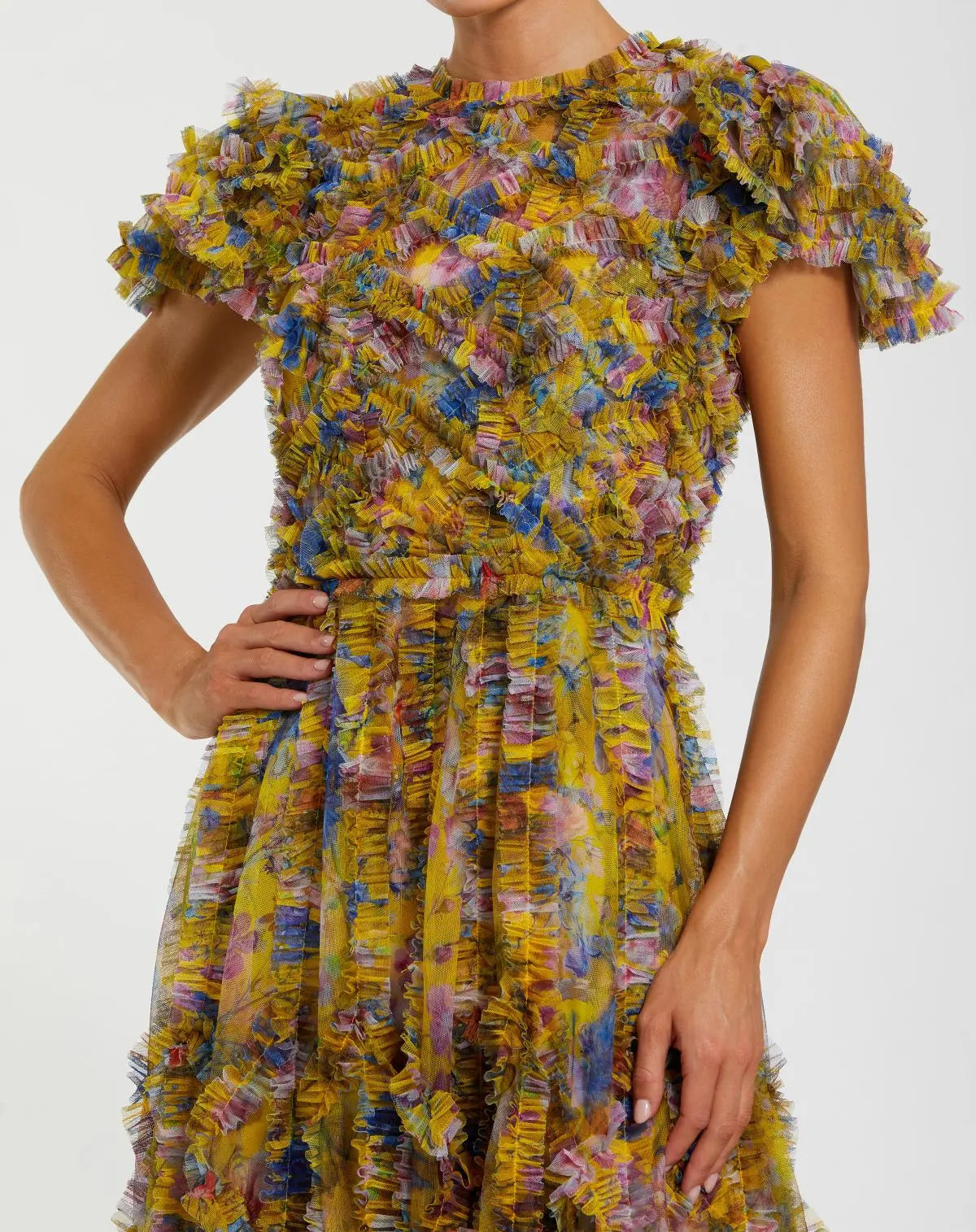 Yellow Micro Ruffle Floral Maxi Dress - Mac Duggal