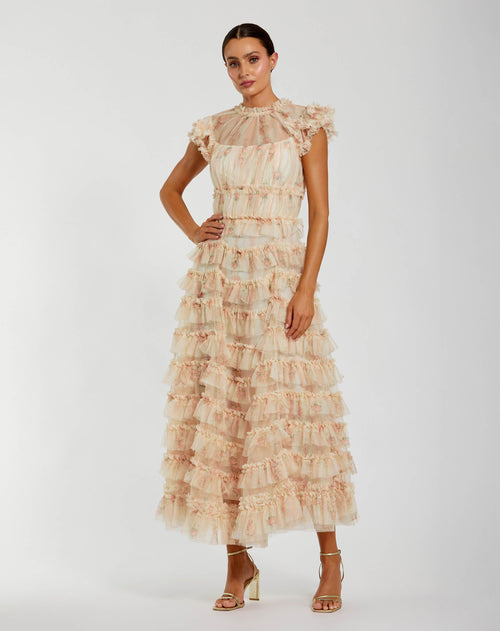 Pink Cap Sleeve Micro Ruffle Floral Midi Dress - Mac Duggal