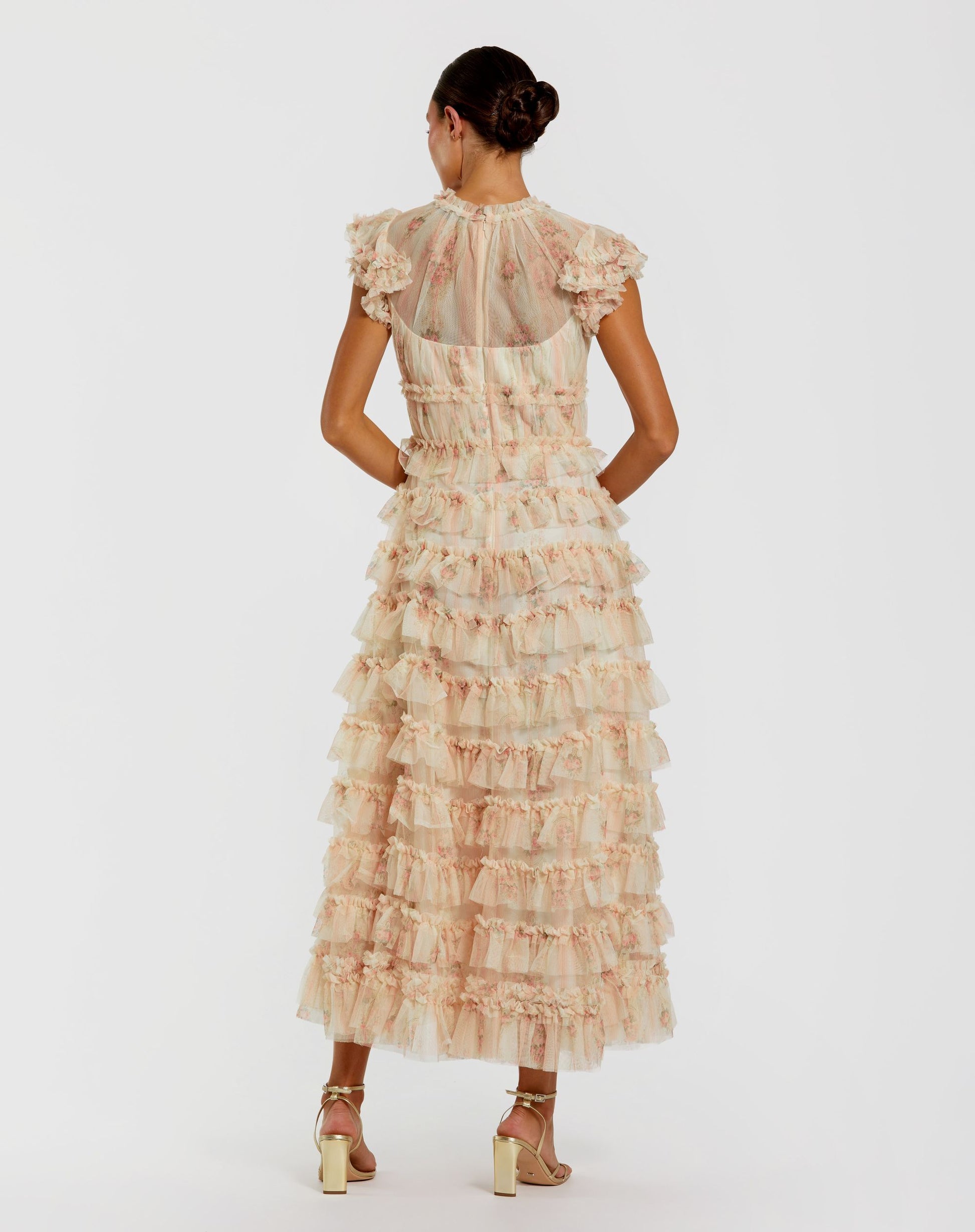 Pink Cap Sleeve Micro Ruffle Floral Midi Dress - Mac Duggal