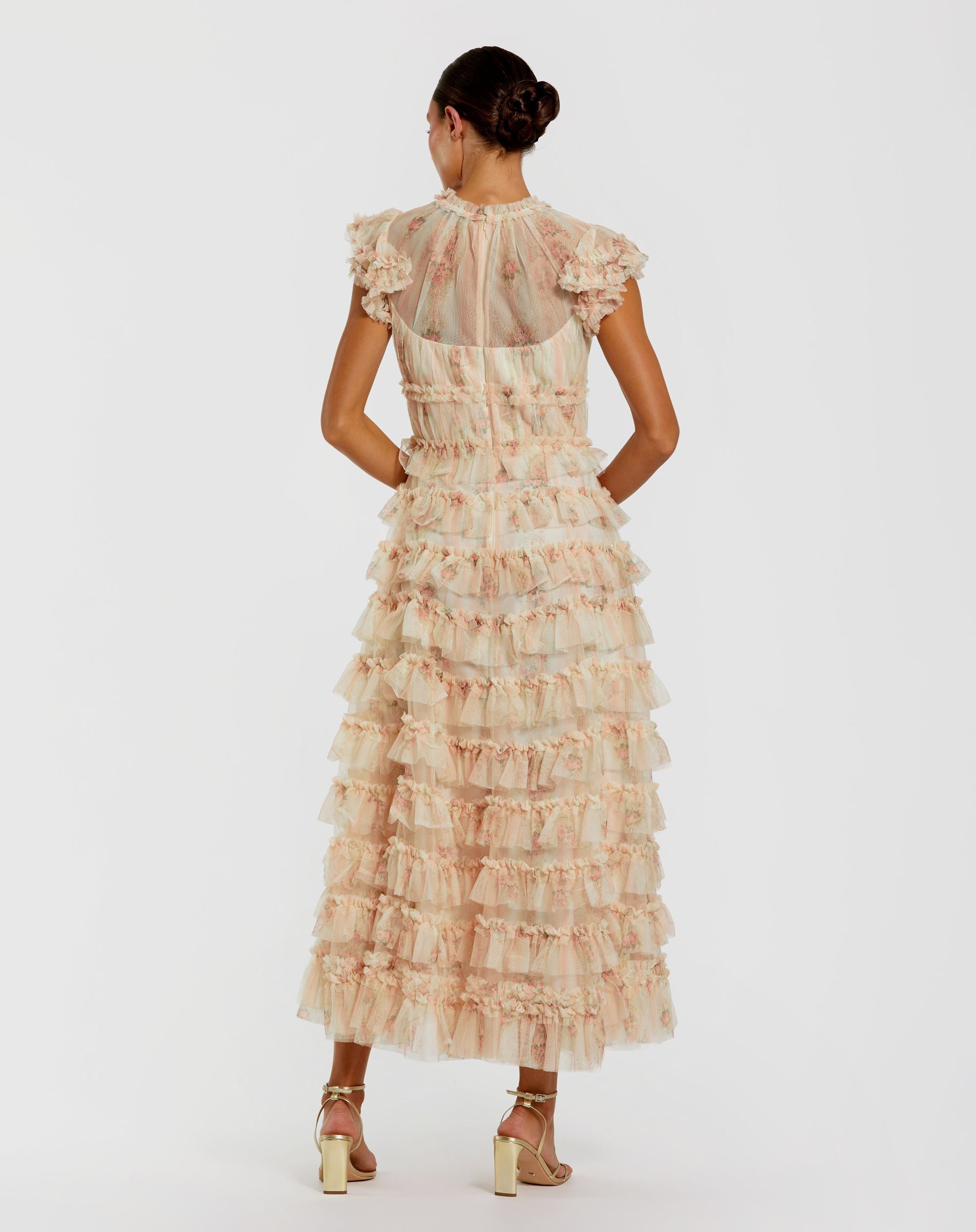 Pink Cap Sleeve Micro Ruffle Floral Midi Dress - Mac Duggal