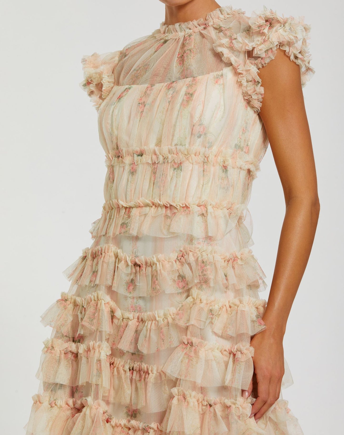 Pink Cap Sleeve Micro Ruffle Floral Midi Dress - Mac Duggal