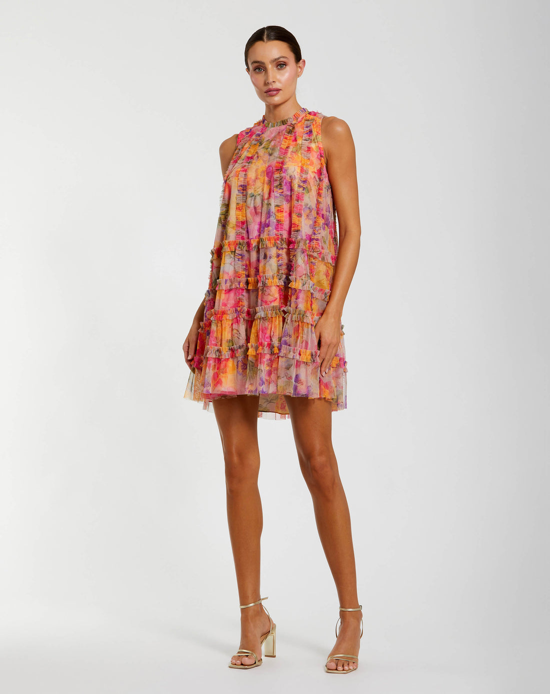 Multicolor Printed Sleeveless High Neck Ruffle Mini Dress