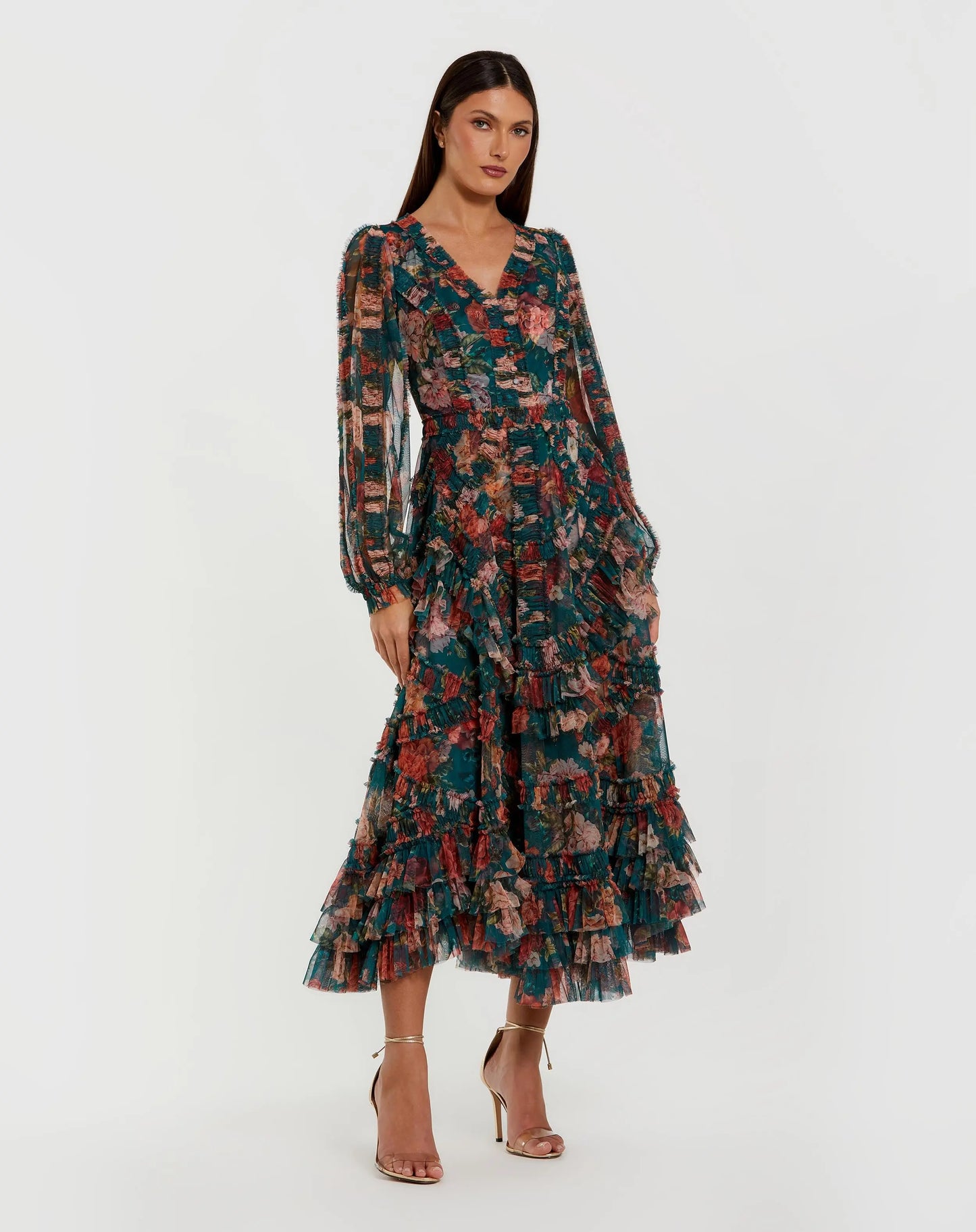 Teal Long Sleeve Floral Midi Dress With Ruffles | Mac Duggal Teal Long Sleeve Floral Midi Dress With Ruffles | Mac Duggal