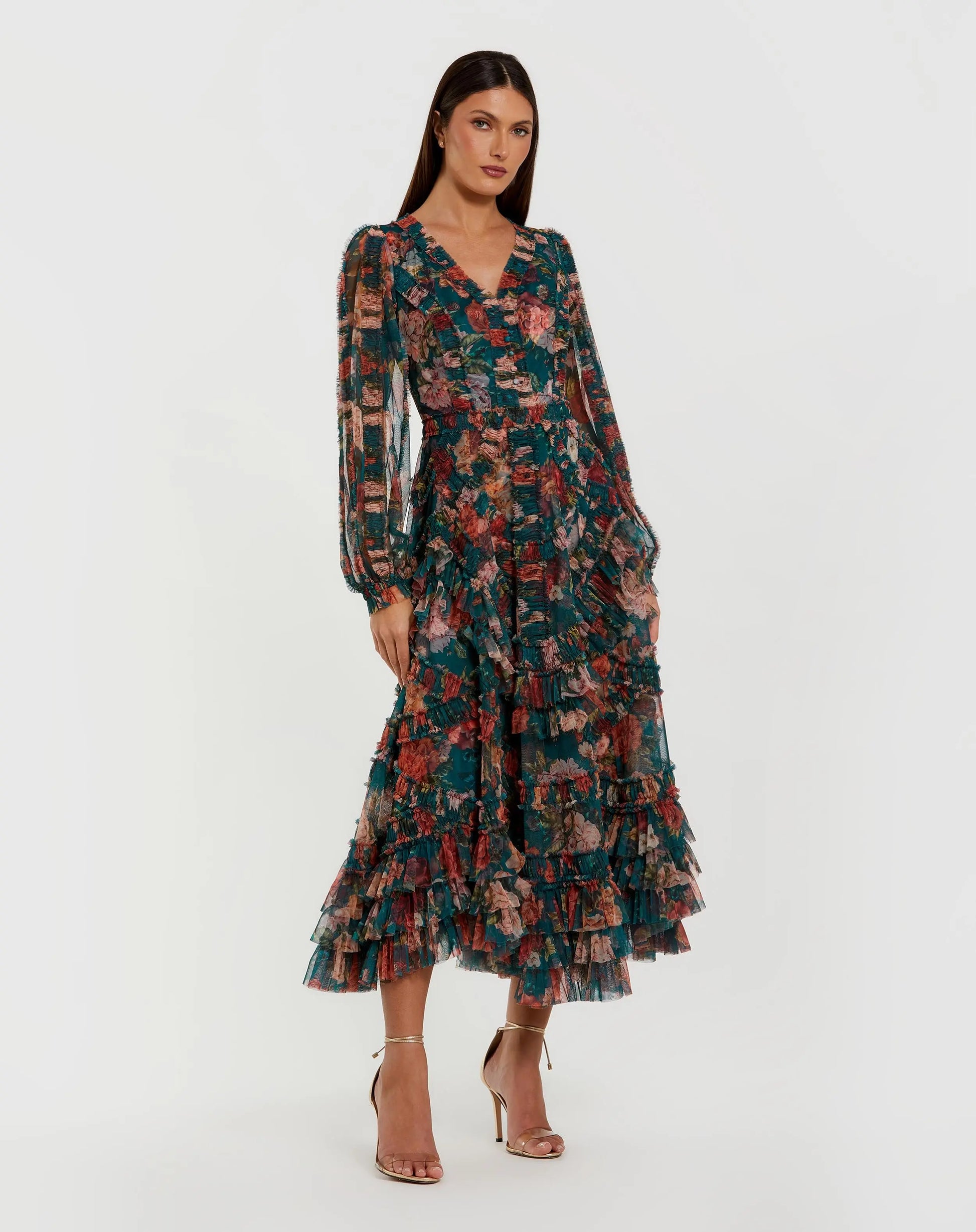 Teal Long Sleeve Floral Midi Dress With Ruffles | Mac Duggal Teal Long Sleeve Floral Midi Dress With Ruffles | Mac Duggal
