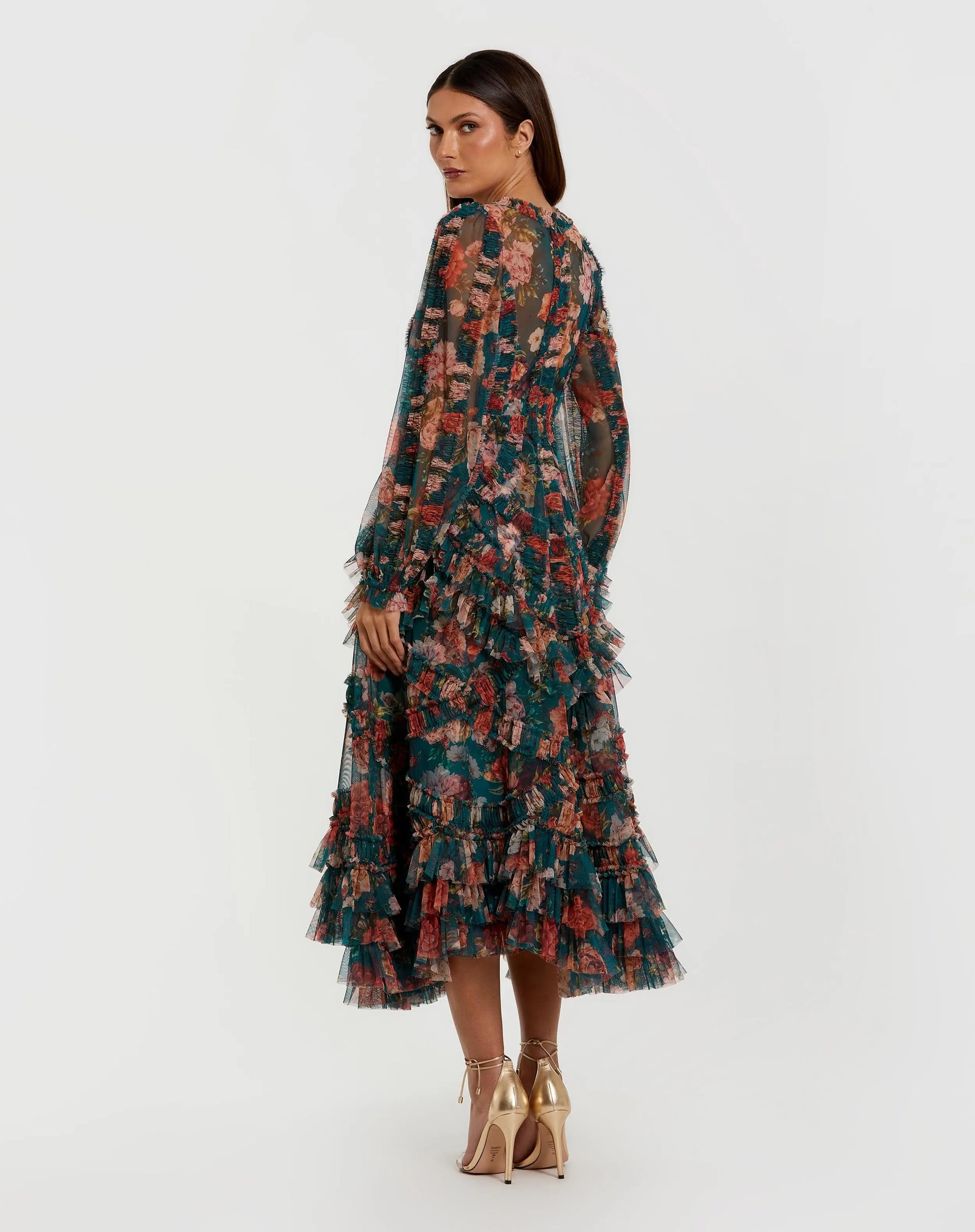 Teal Long Sleeve Floral Midi Dress With Ruffles | Mac Duggal Teal Long Sleeve Floral Midi Dress With Ruffles | Mac Duggal
