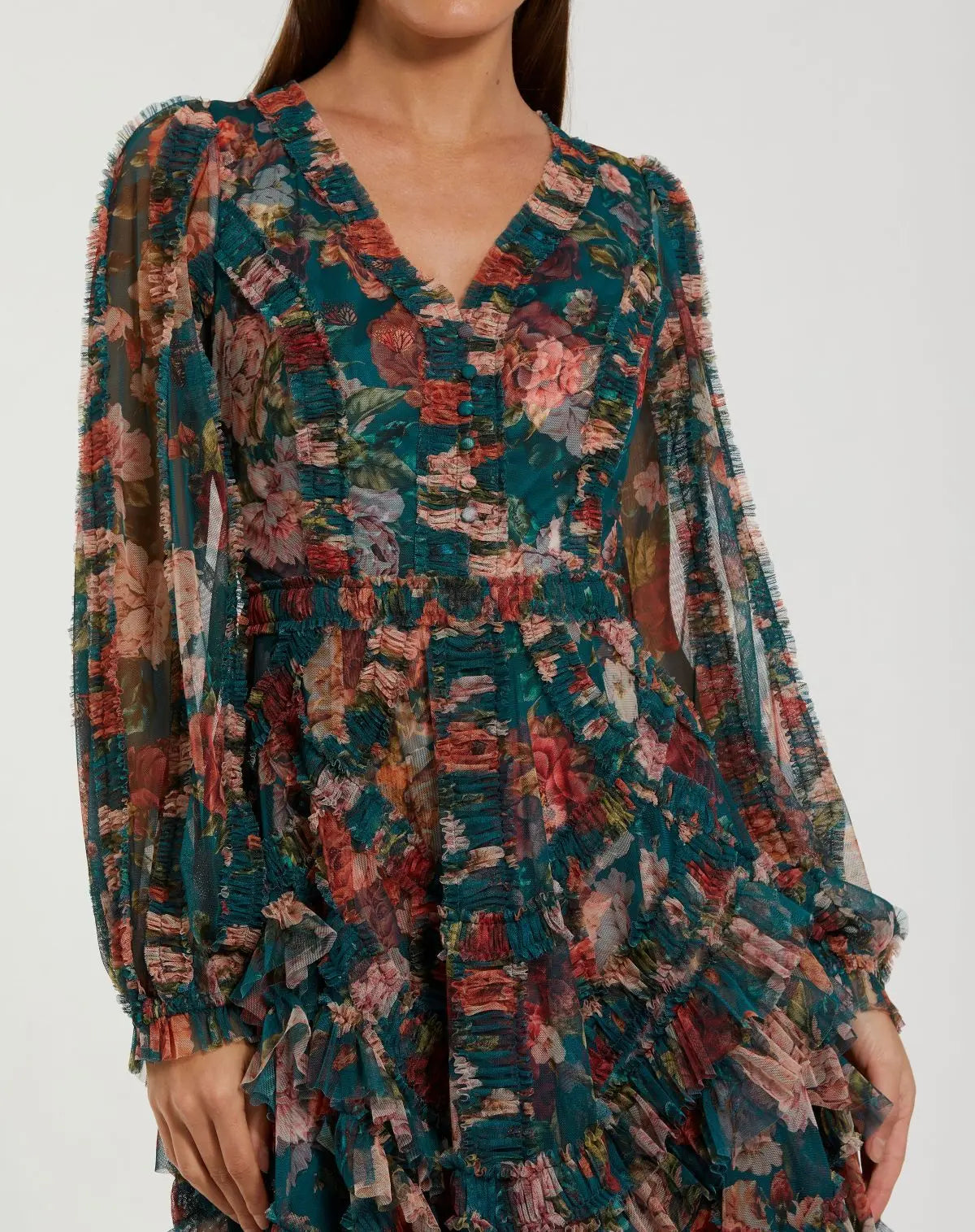 Teal Long Sleeve A Line Midi Dress With Ruffles - Mac Duggal