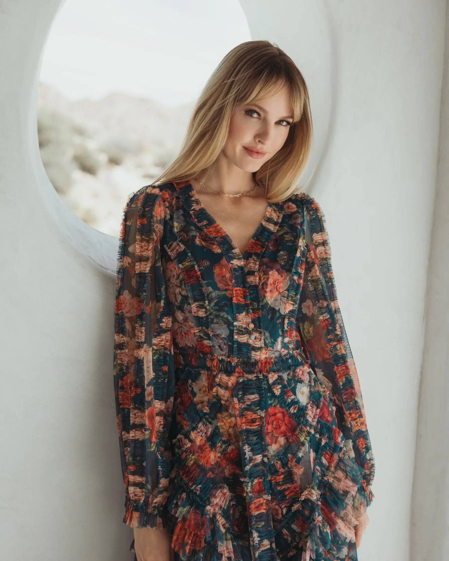 Teal Long Sleeve A Line Midi Dress With Ruffles - Mac Duggal