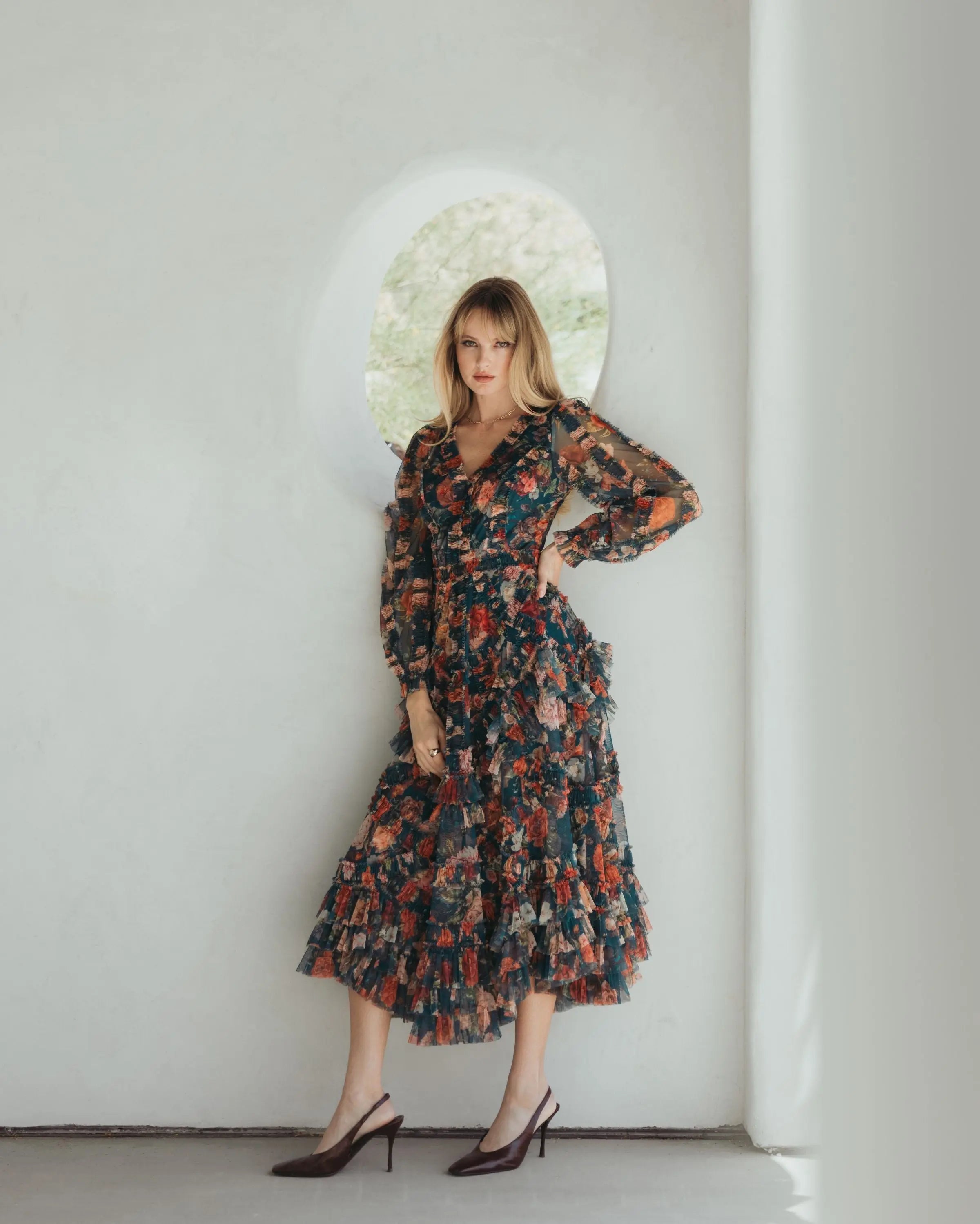 Teal Long Sleeve Floral Midi Dress With Ruffles | Mac Duggal