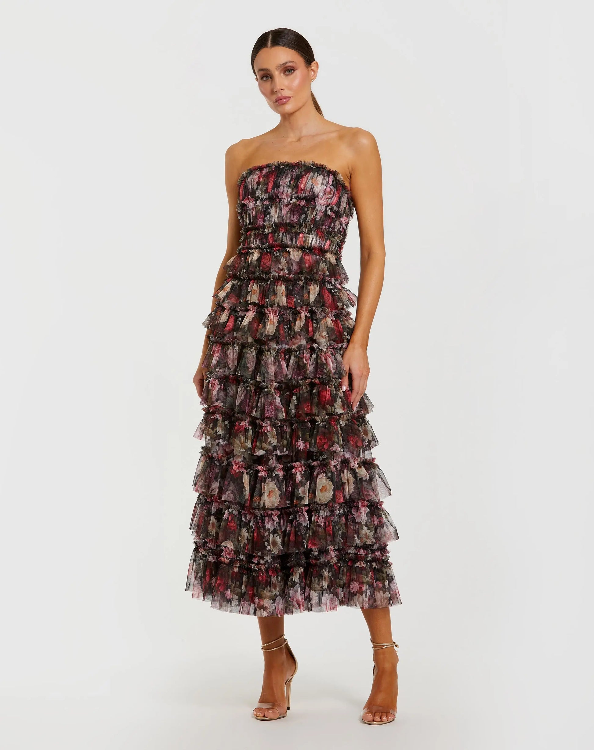 Black Multicolor Strapless Micro Ruffle A Line Midi Dress | Mac Duggal Black Multicolor Strapless Micro Ruffle A Line Midi Dress | Mac Duggal