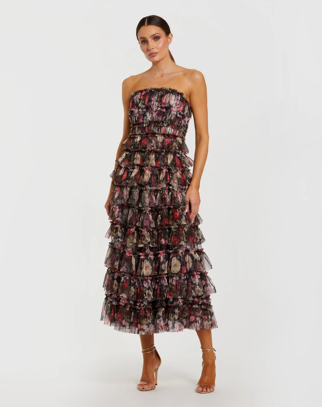 Mac Duggal Women's Strapless Micro Ruffle A Line Midi Dress