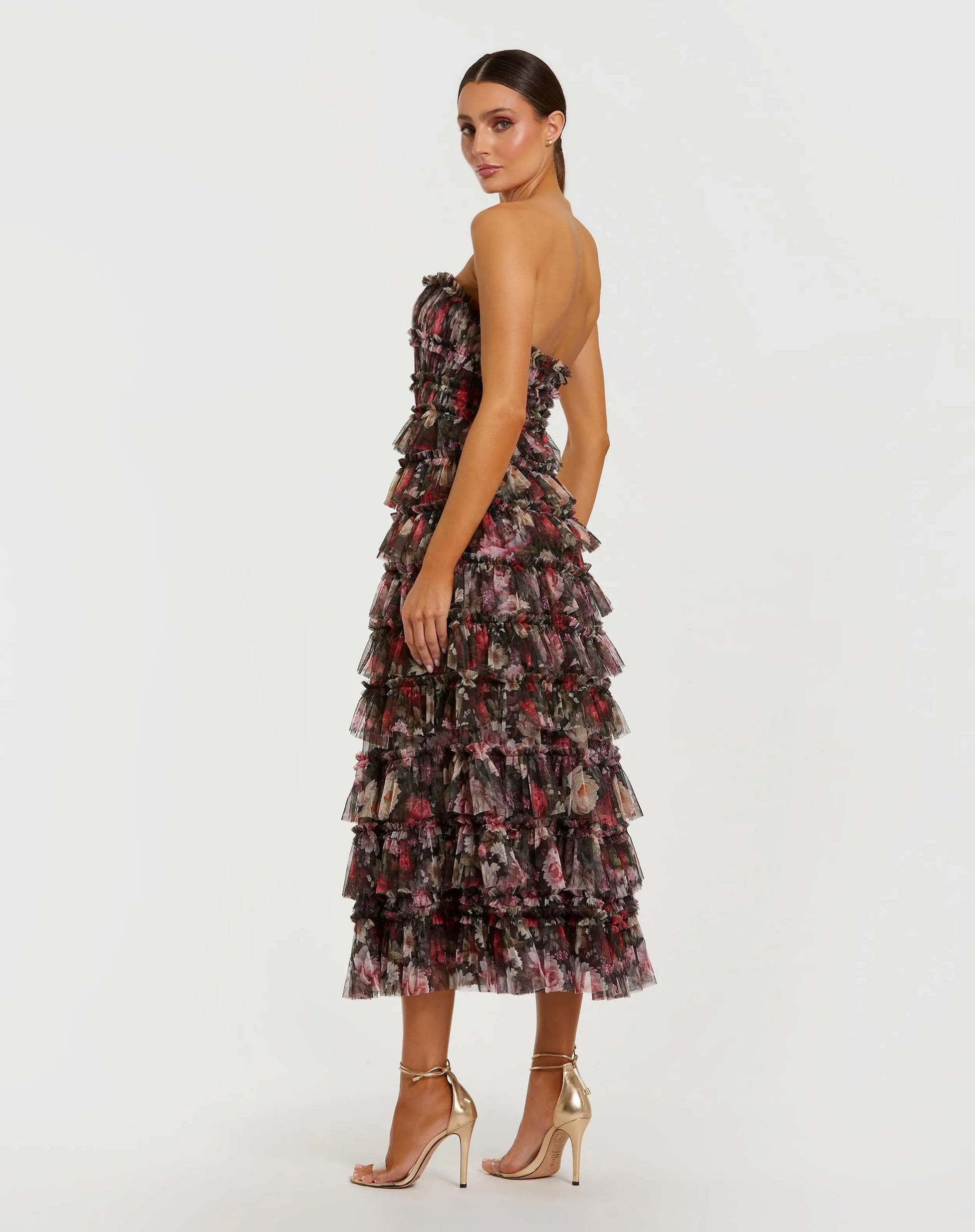 Mac Duggal Women's Strapless Micro Ruffle A Line Midi Dress - Black Multi Mac Duggal Women's Strapless Micro Ruffle A Line Midi Dress - Black Multi
