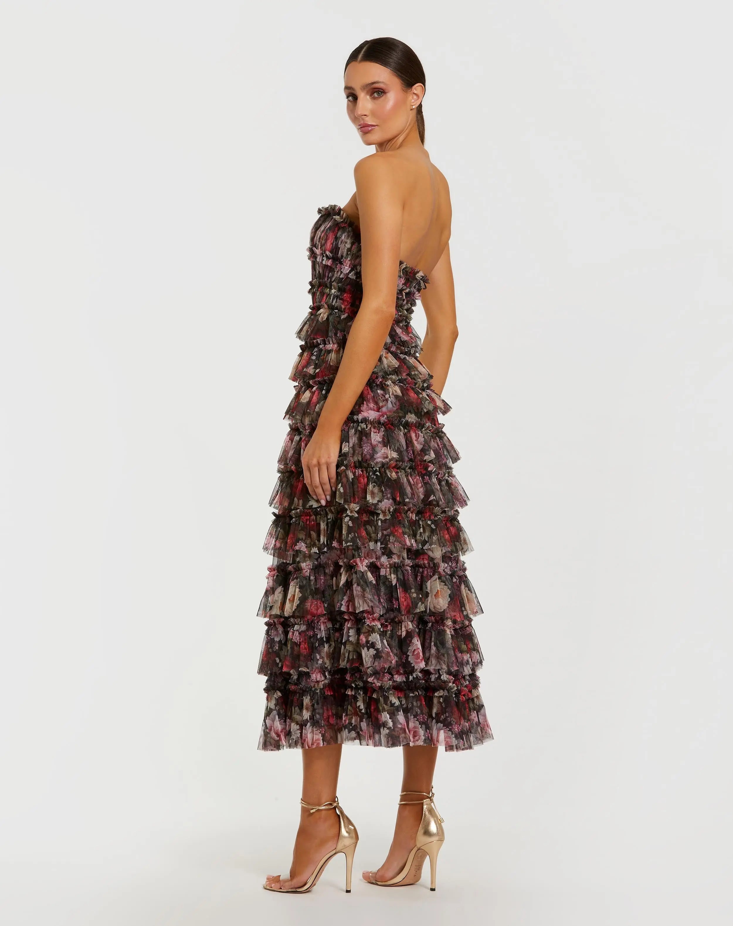 Black Multicolor Strapless Micro Ruffle A Line Midi Dress - Mac Duggal