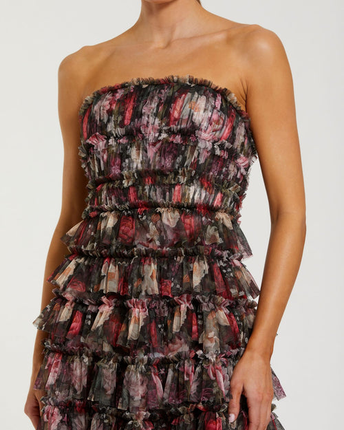 Black Multicolor Strapless Micro Ruffle A Line Midi Dress - Mac Duggal