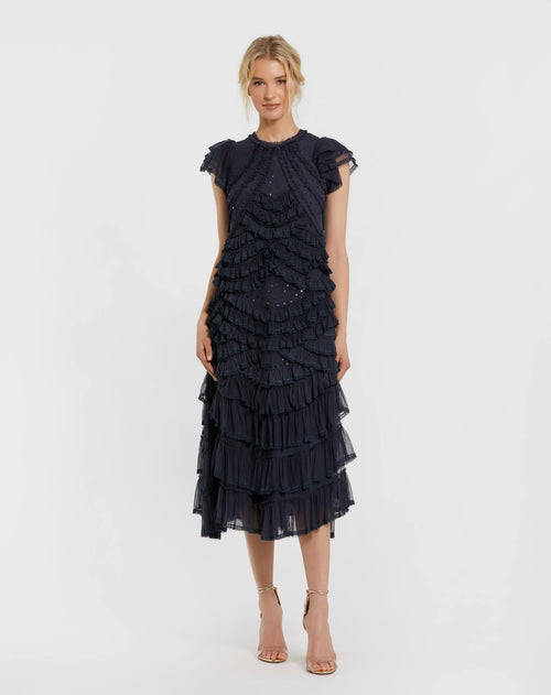 Navy High Neck Cap Sleeve Micro Ruffle Midi Dress - Mac Duggal