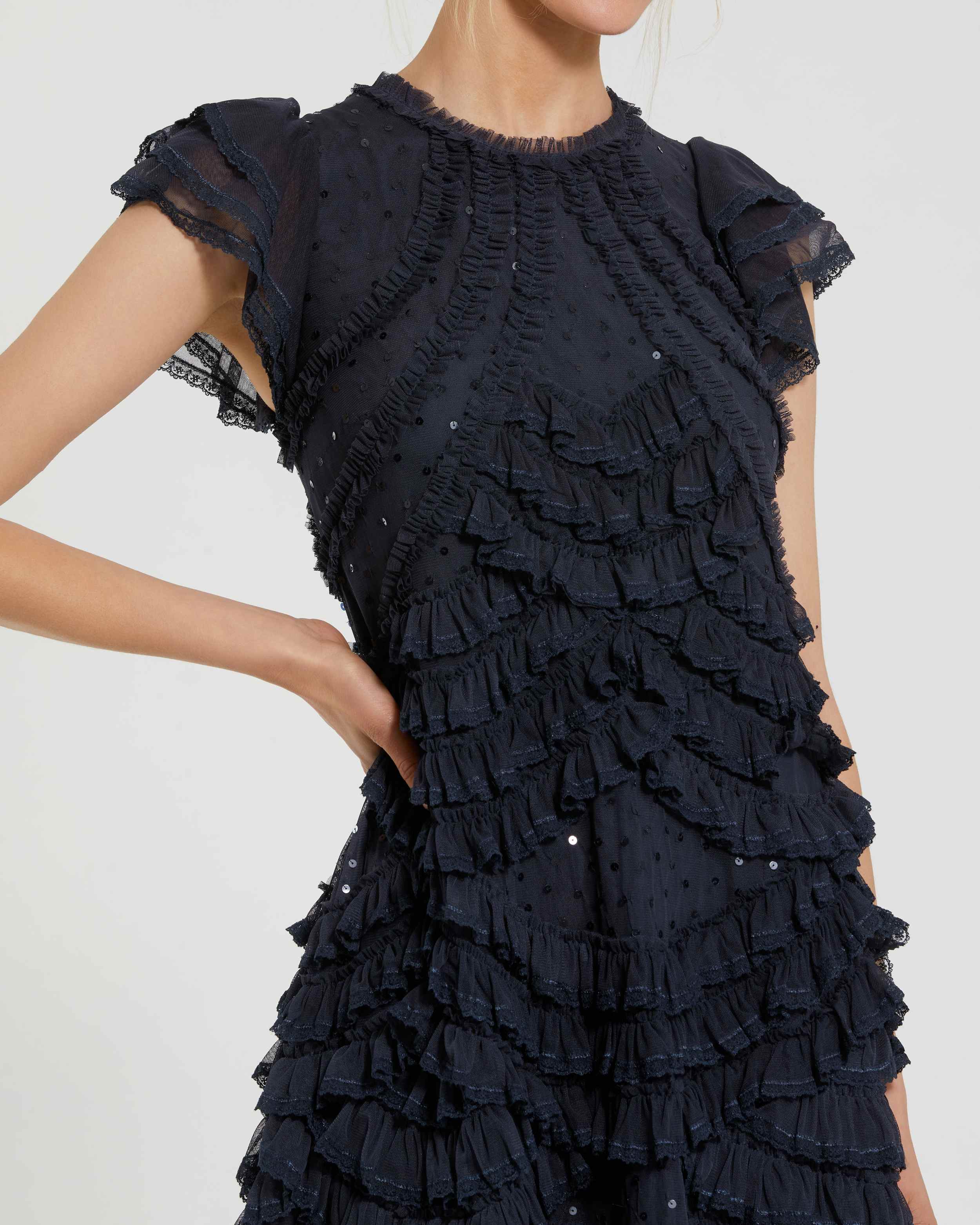 Navy High Neck Cap Sleeve Micro Ruffle Midi Dress | Mac Duggal