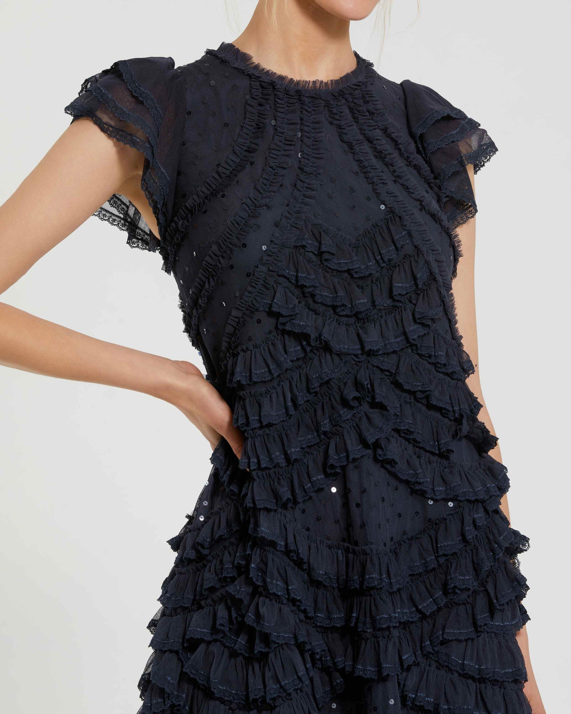 Mac Duggal Women's High Neck Ruffle Mesh Midi Dress - Navy Mac Duggal Women's High Neck Ruffle Mesh Midi Dress - Navy