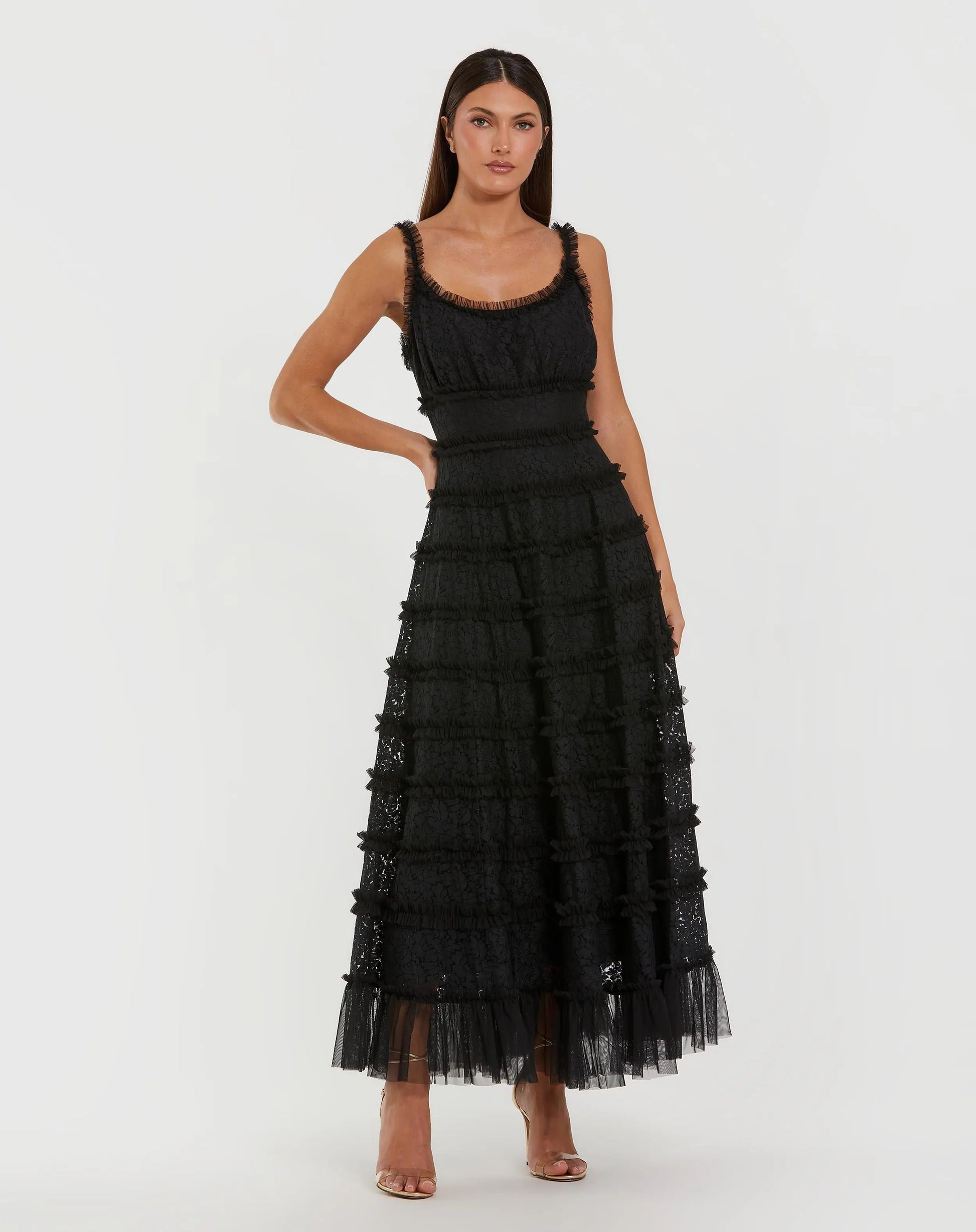 Black Sleeveless Lace A Line Midi Dress With Ruffles | Mac Duggal Black Sleeveless Lace A Line Midi Dress With Ruffles | Mac Duggal