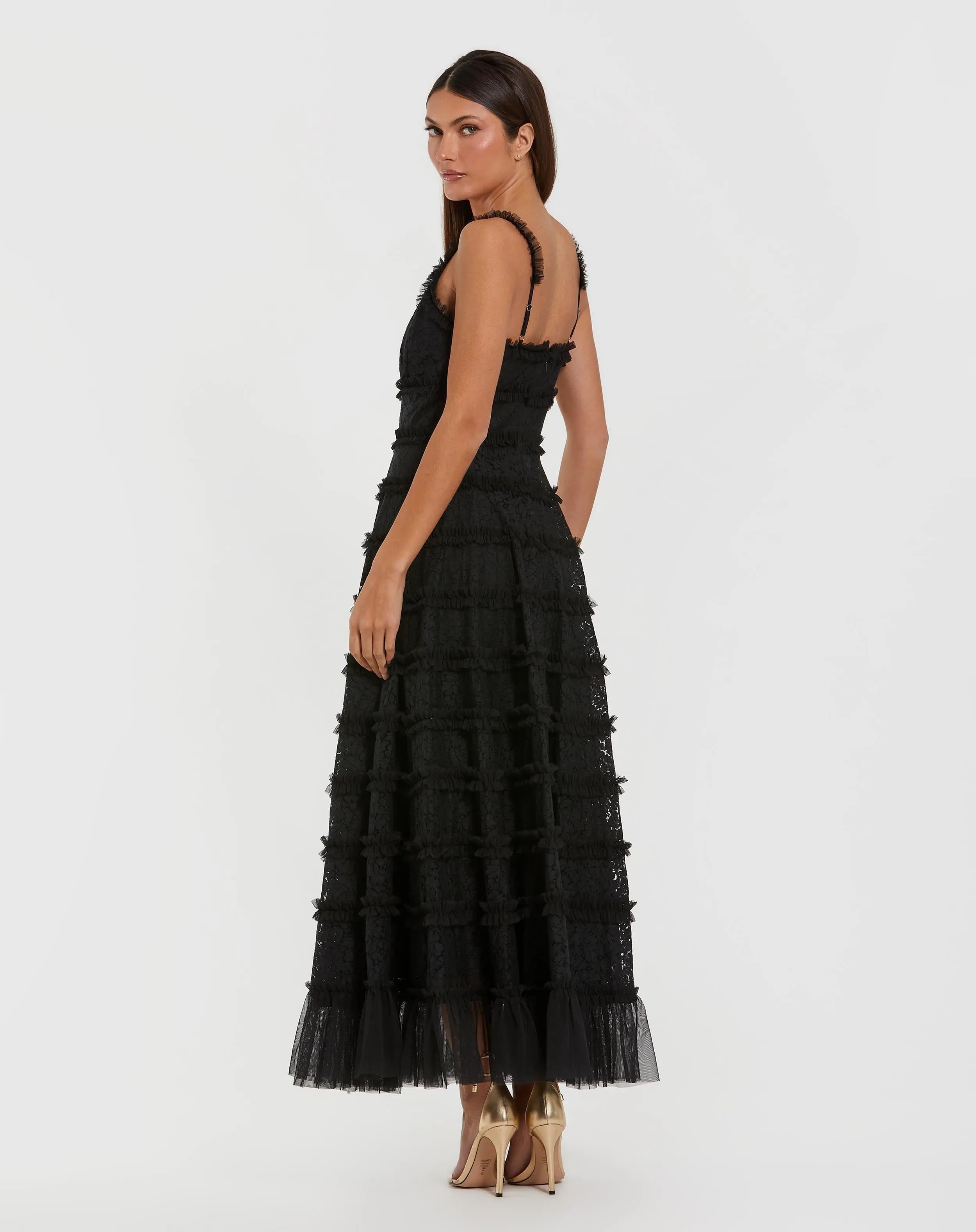 Black Sleeveless Lace A Line Midi Dress With Ruffles - Mac Duggal