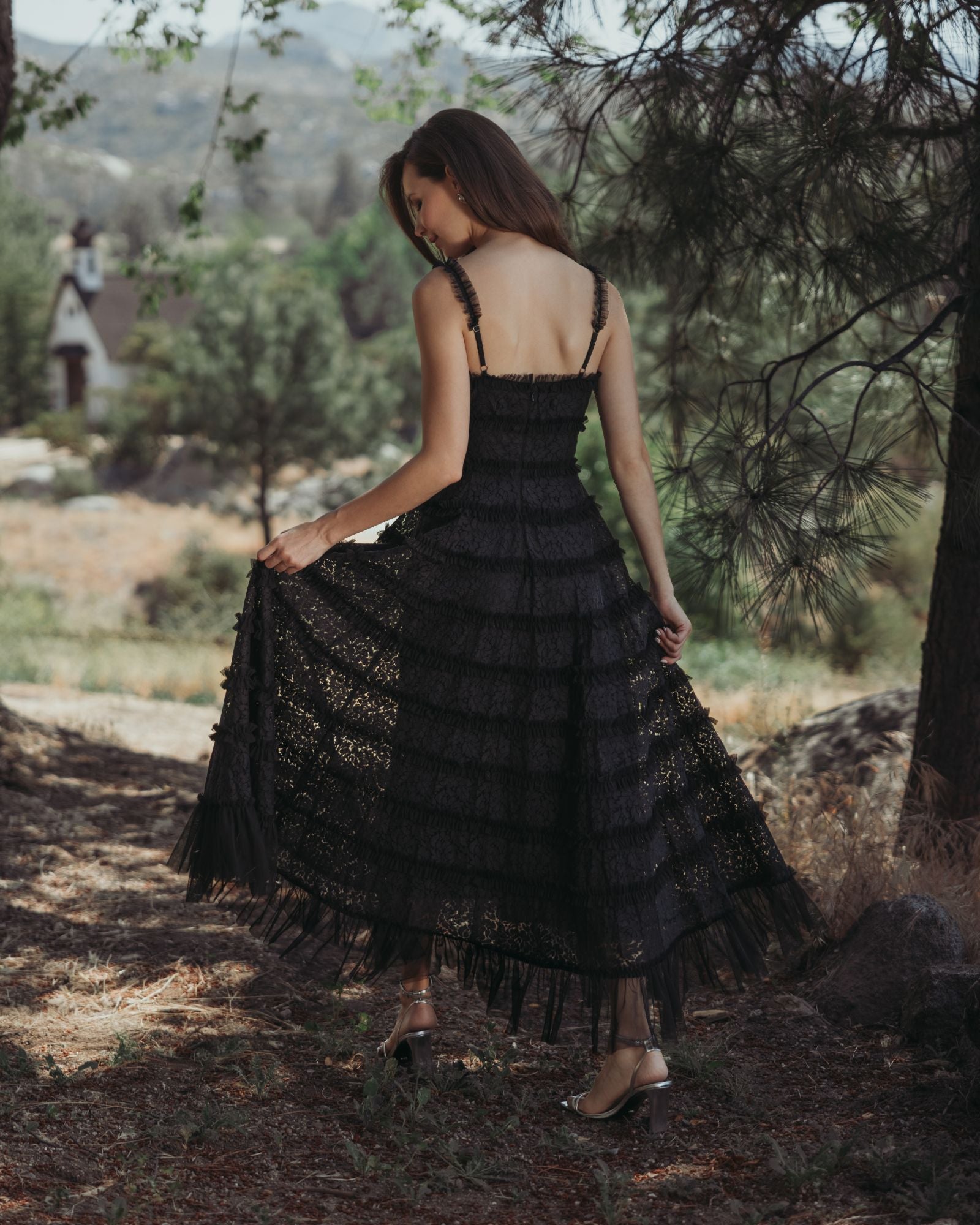 Black Sleeveless Lace A Line Midi Dress With Ruffles - Mac Duggal