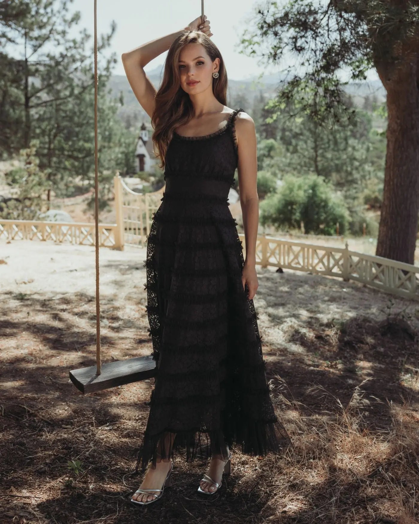 Mac Duggal - Black Sleeveless Lace A Line Midi Dress with Ruffles - Black / US 14 Mac Duggal - Black Sleeveless Lace A Line Midi Dress with Ruffles - Black / US 14