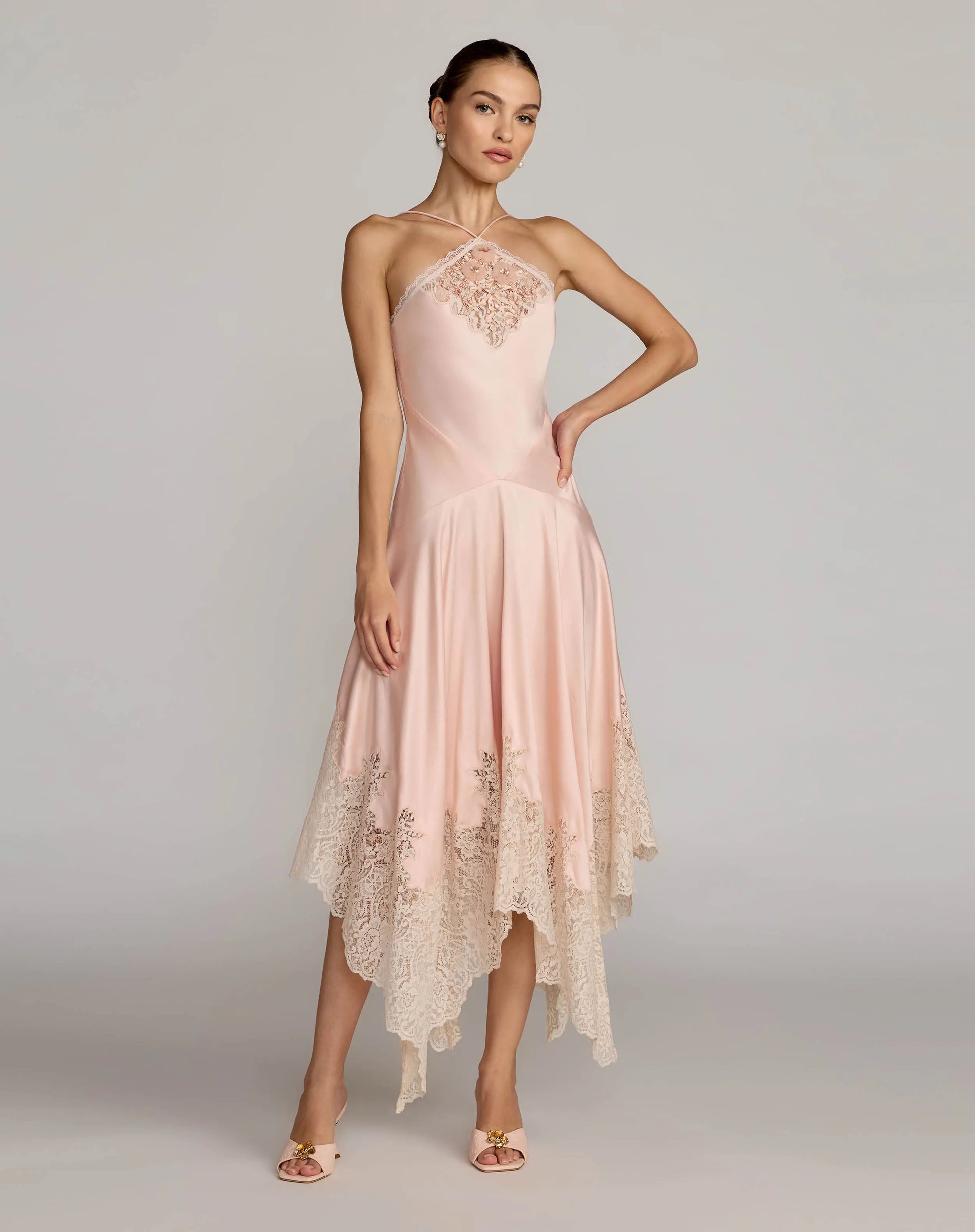 Light Pink Lace Trim Handkerchief Midi Dress | Mac Duggal Light Pink Lace Trim Handkerchief Midi Dress | Mac Duggal