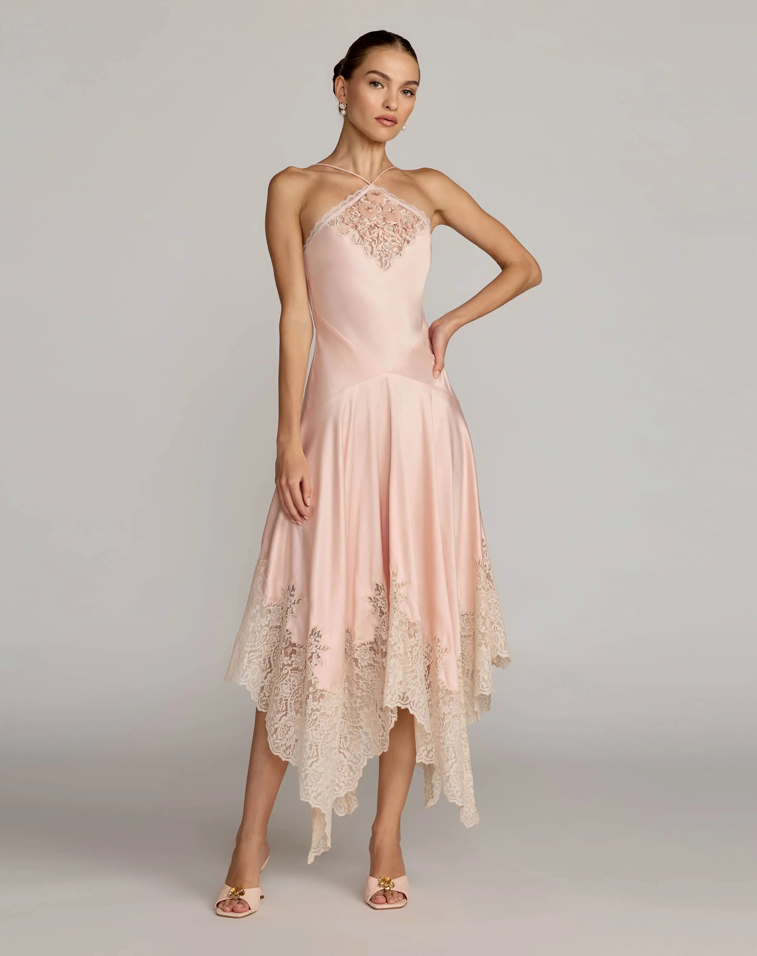 Light Pink Lace Trim Handkerchief Midi Dress Ieena for Mac Duggal