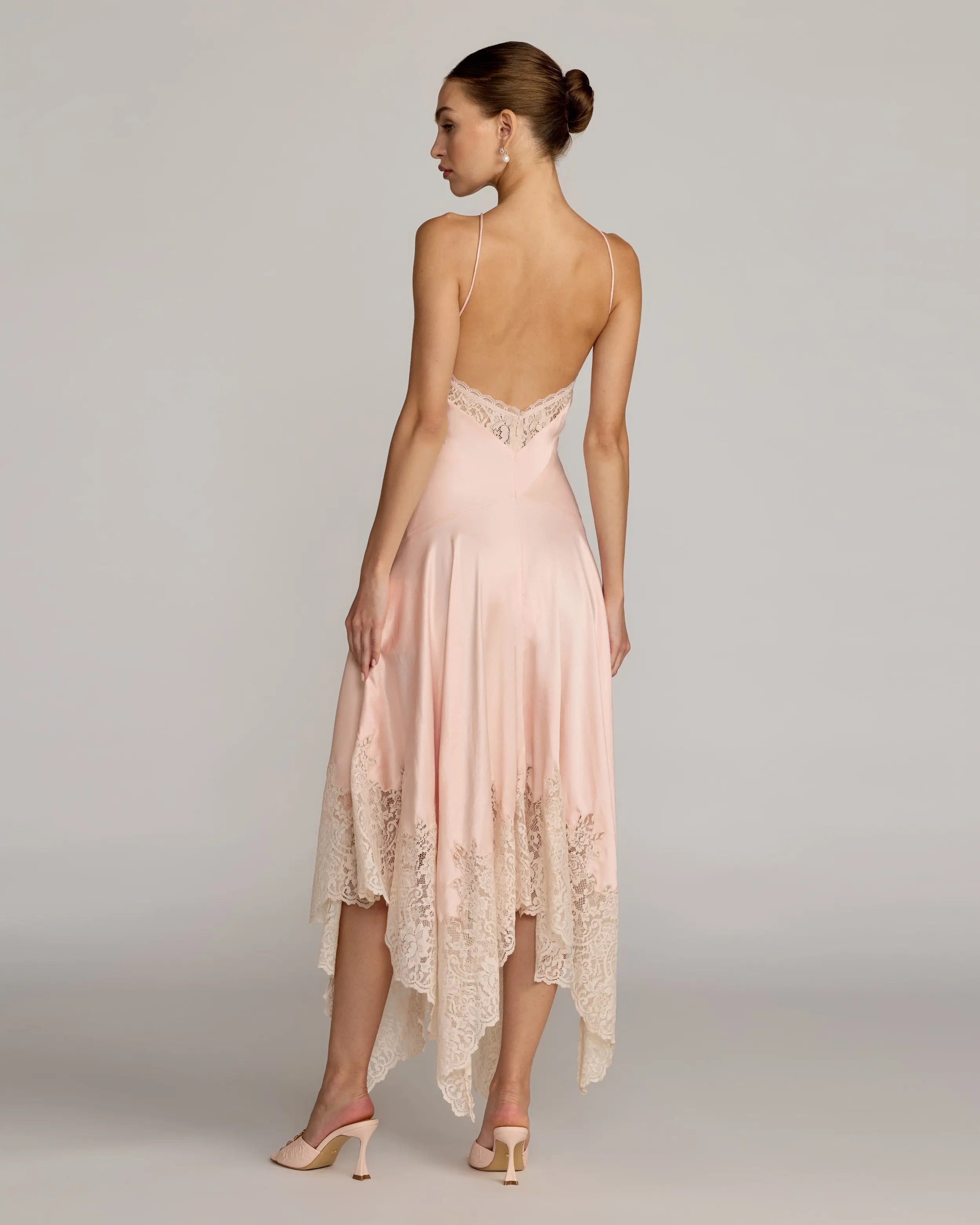 Light Pink Lace Trim Handkerchief Midi Dress | Mac Duggal
