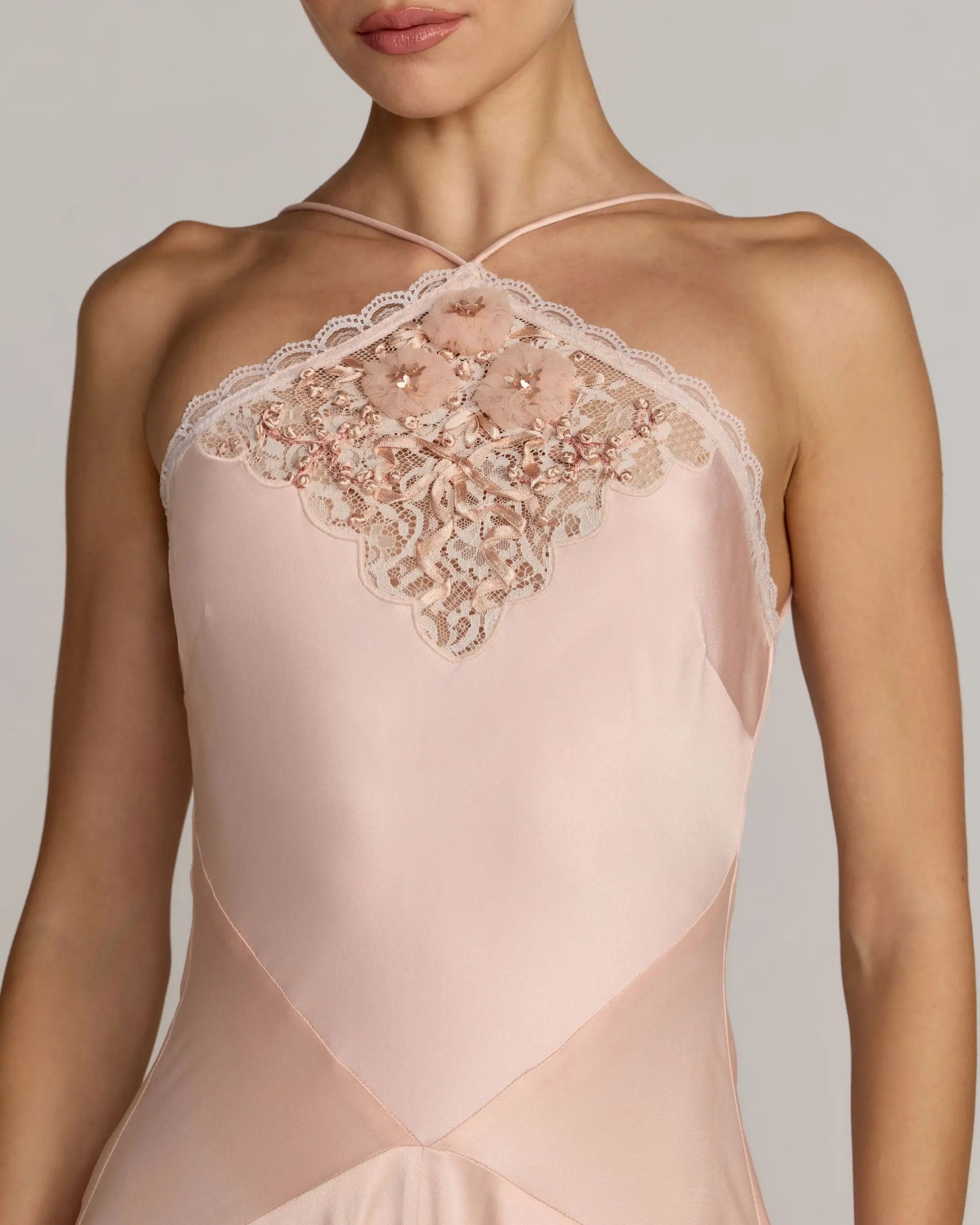 Mac Duggal Lace Trim Halterneck Midi Dress - Ballet Slipper Mac Duggal Lace Trim Halterneck Midi Dress - Ballet Slipper