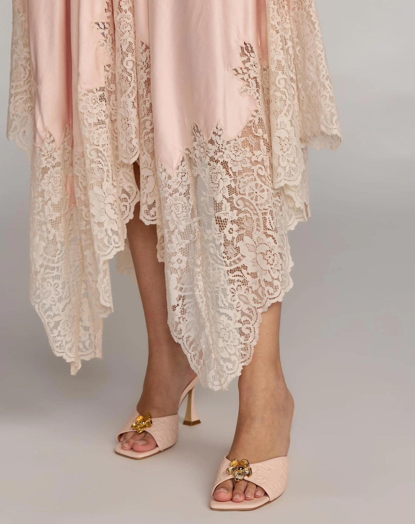 Light Pink Lace Trim Handkerchief Midi Dress Ieena for Mac Duggal