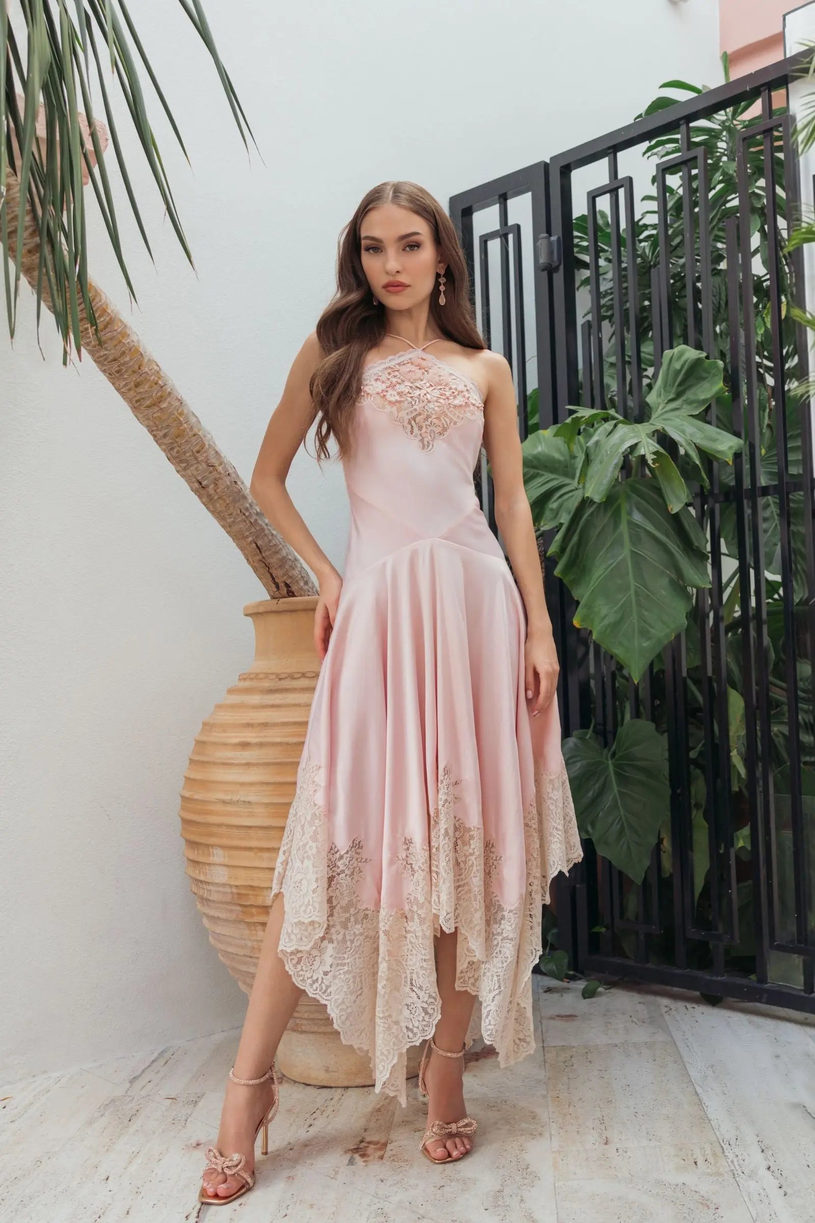 Light Pink Lace Trim Handkerchief Midi Dress | Mac Duggal Light Pink Lace Trim Handkerchief Midi Dress | Mac Duggal