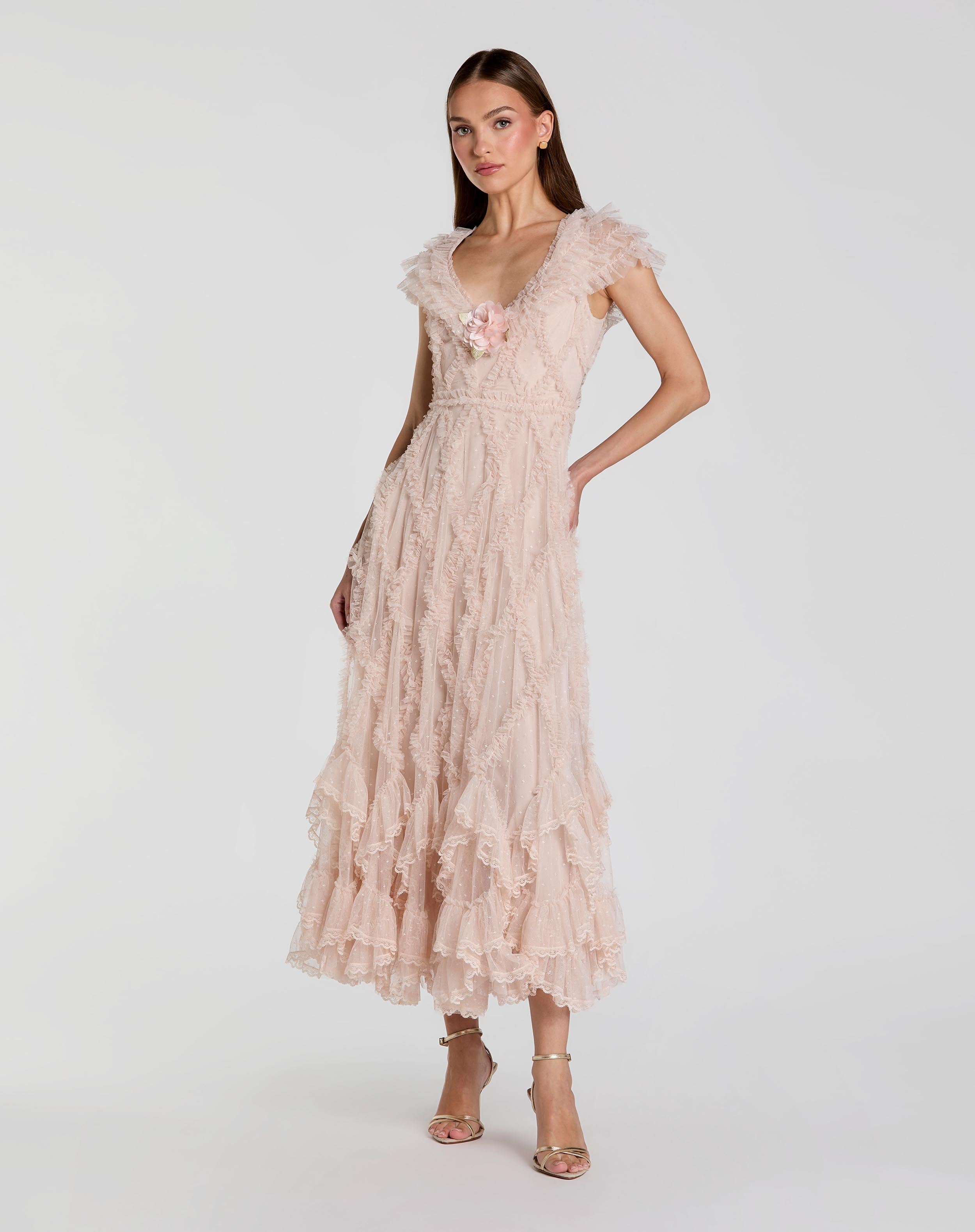 Pink Micro Ruffle Cap Sleeve A-Line Midi Dress - Mac Duggal