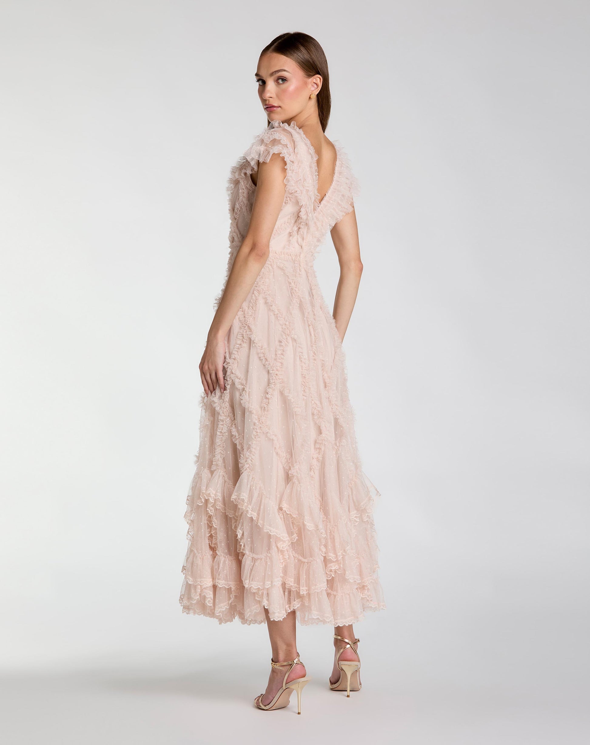 mac duggal cocktail dress Mac Duggal Women's Micro Ruffle Cap Sleeve A-Line Midi Dress