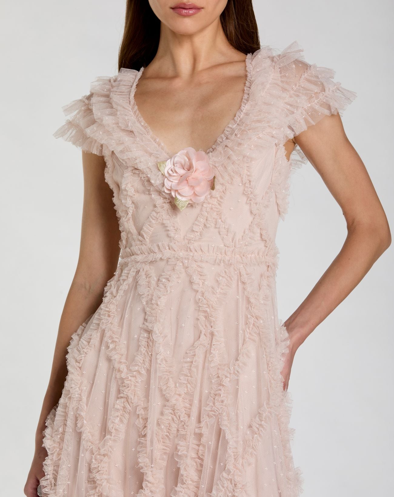 Pink Micro Ruffle Cap Sleeve A-Line Midi Dress - Mac Duggal