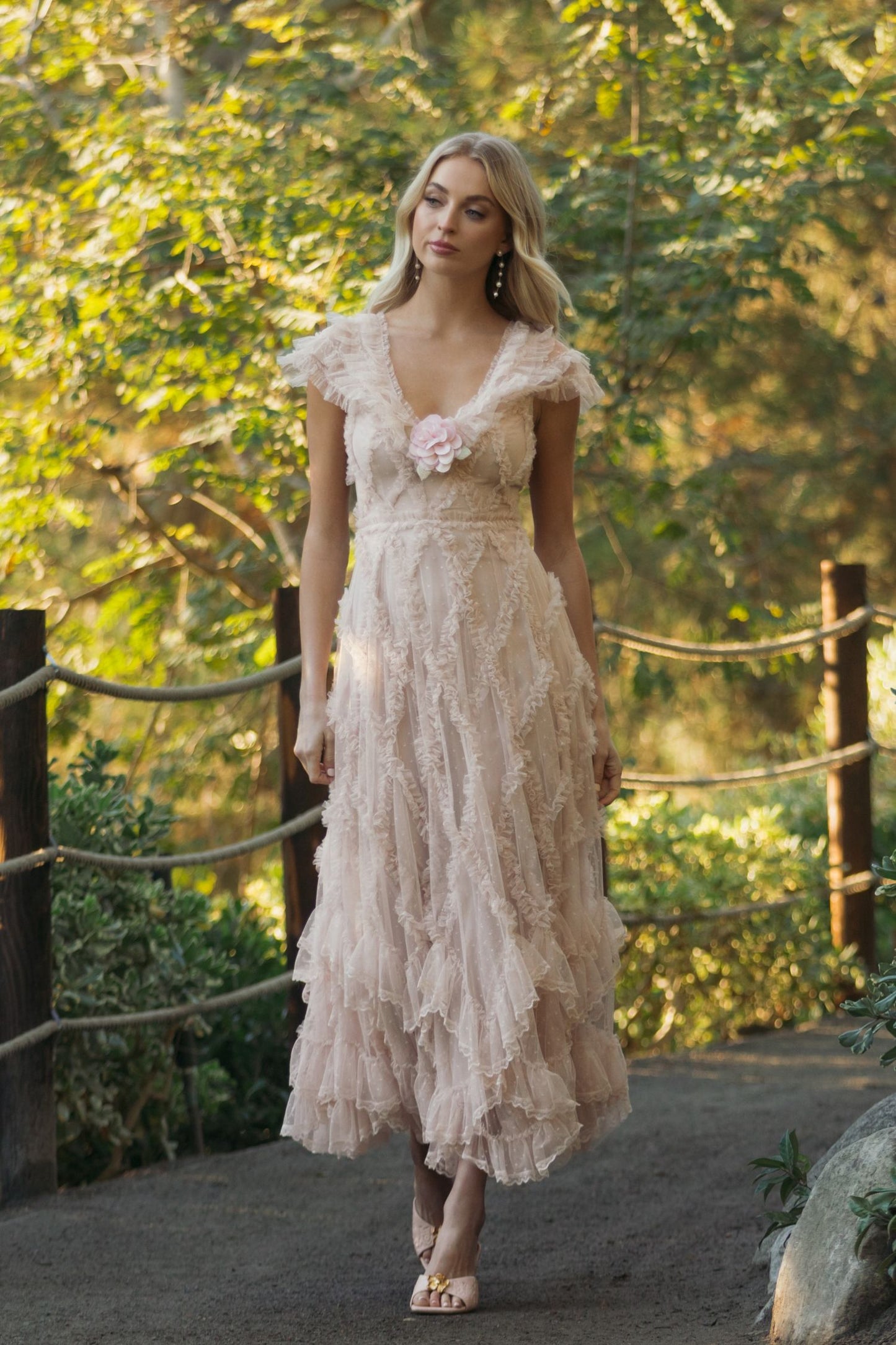 Pink Micro Ruffle Cap Sleeve A-Line Midi Dress - Mac Duggal