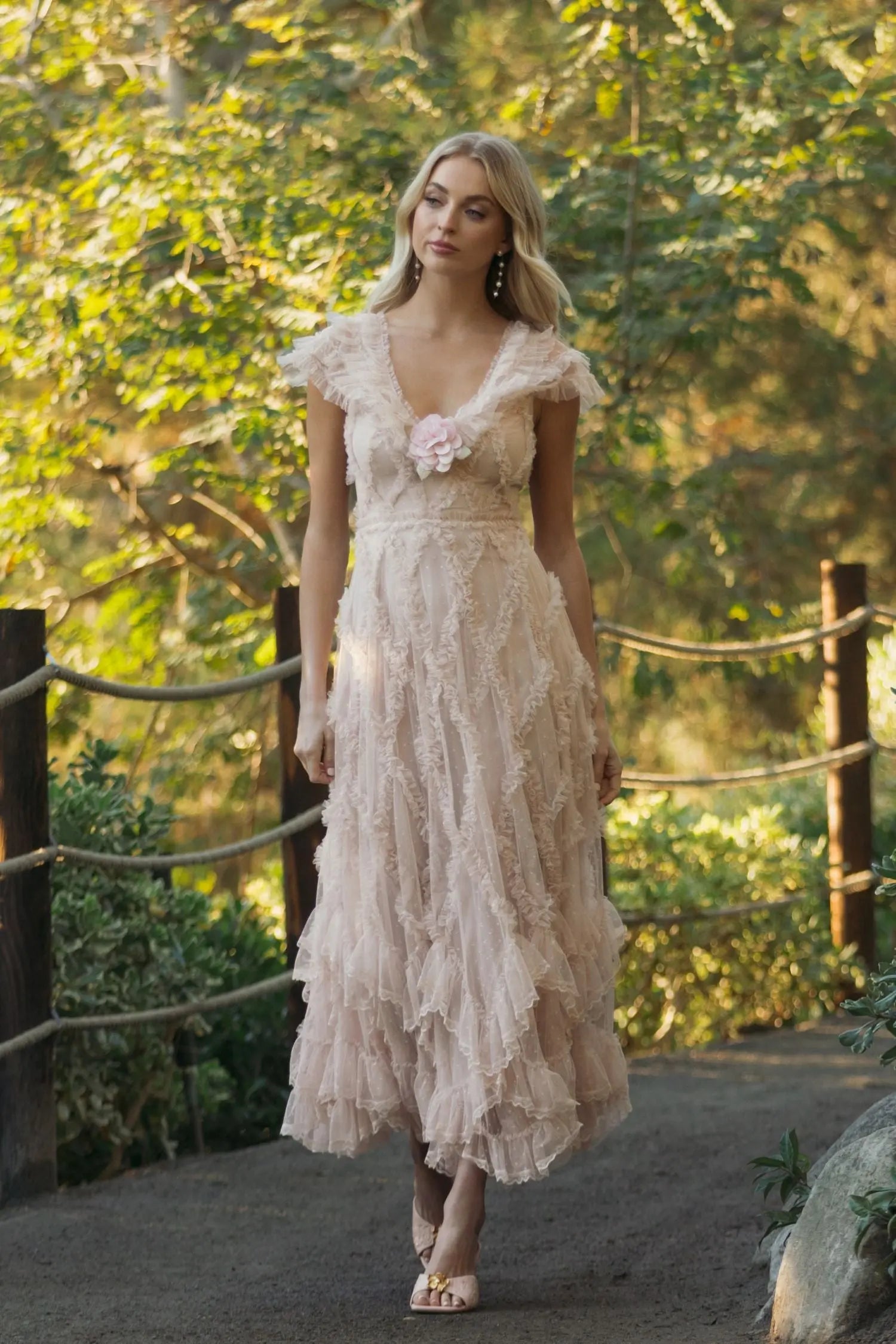 Pink Micro Ruffle Cap Sleeve A-Line Midi Dress - Mac Duggal