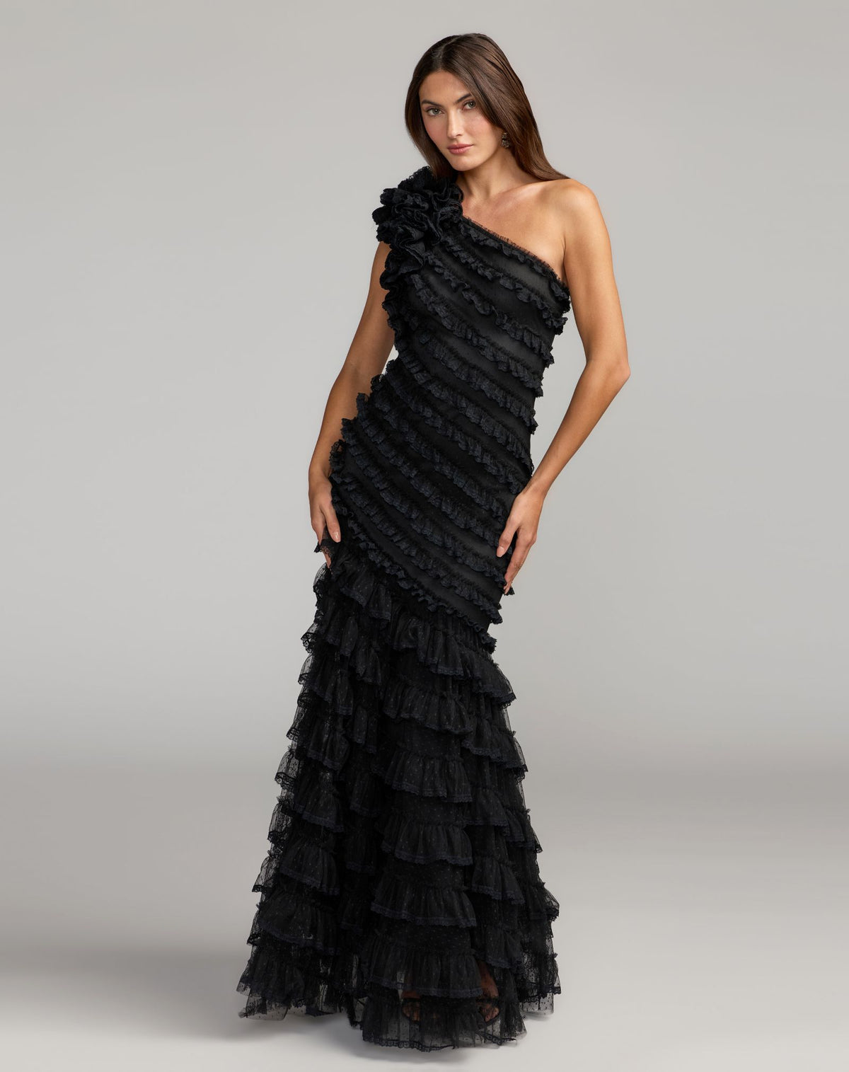 Black Sleeveless One Shoulder Lace Trim Ruffle Gown - Mac Duggal 