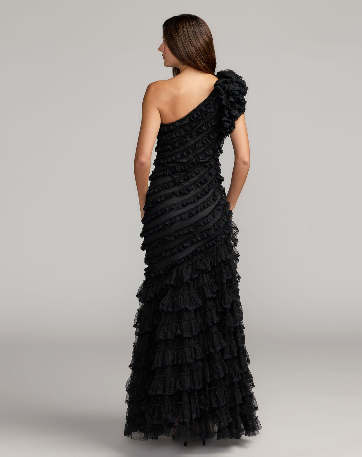 Black Sleeveless One Shoulder Lace Trim Ruffle Gown - Mac Duggal 