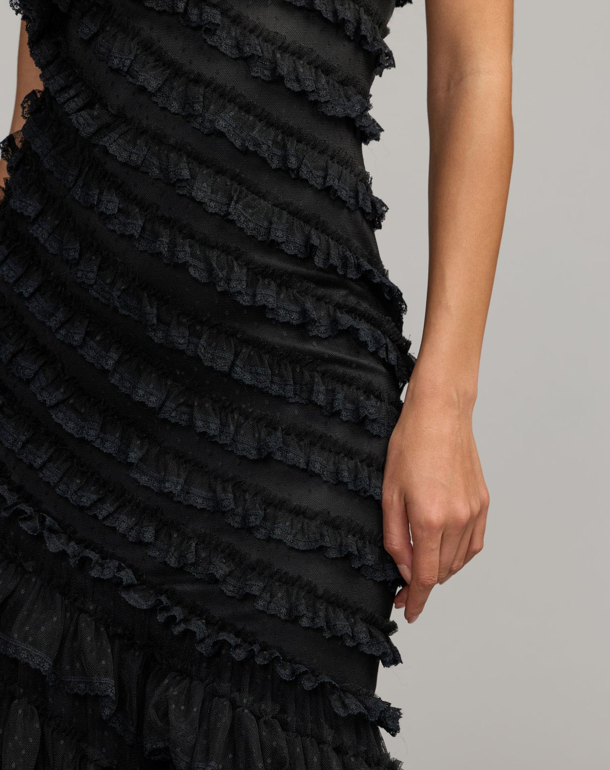 Black Sleeveless One Shoulder Lace Trim Ruffle Gown - Mac Duggal 