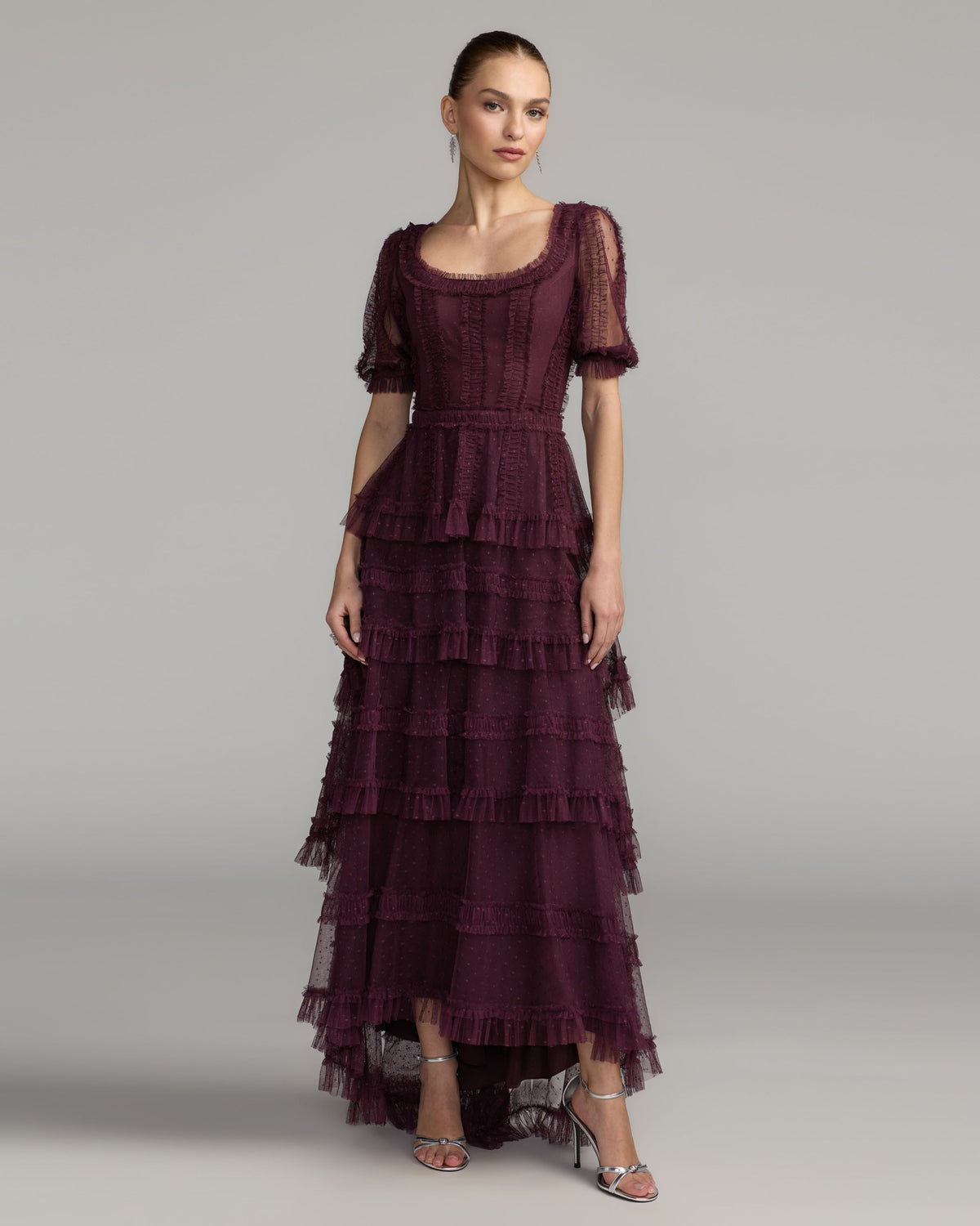 Amethyst Tiered Ruffle High-Low Gown Mac Duggal