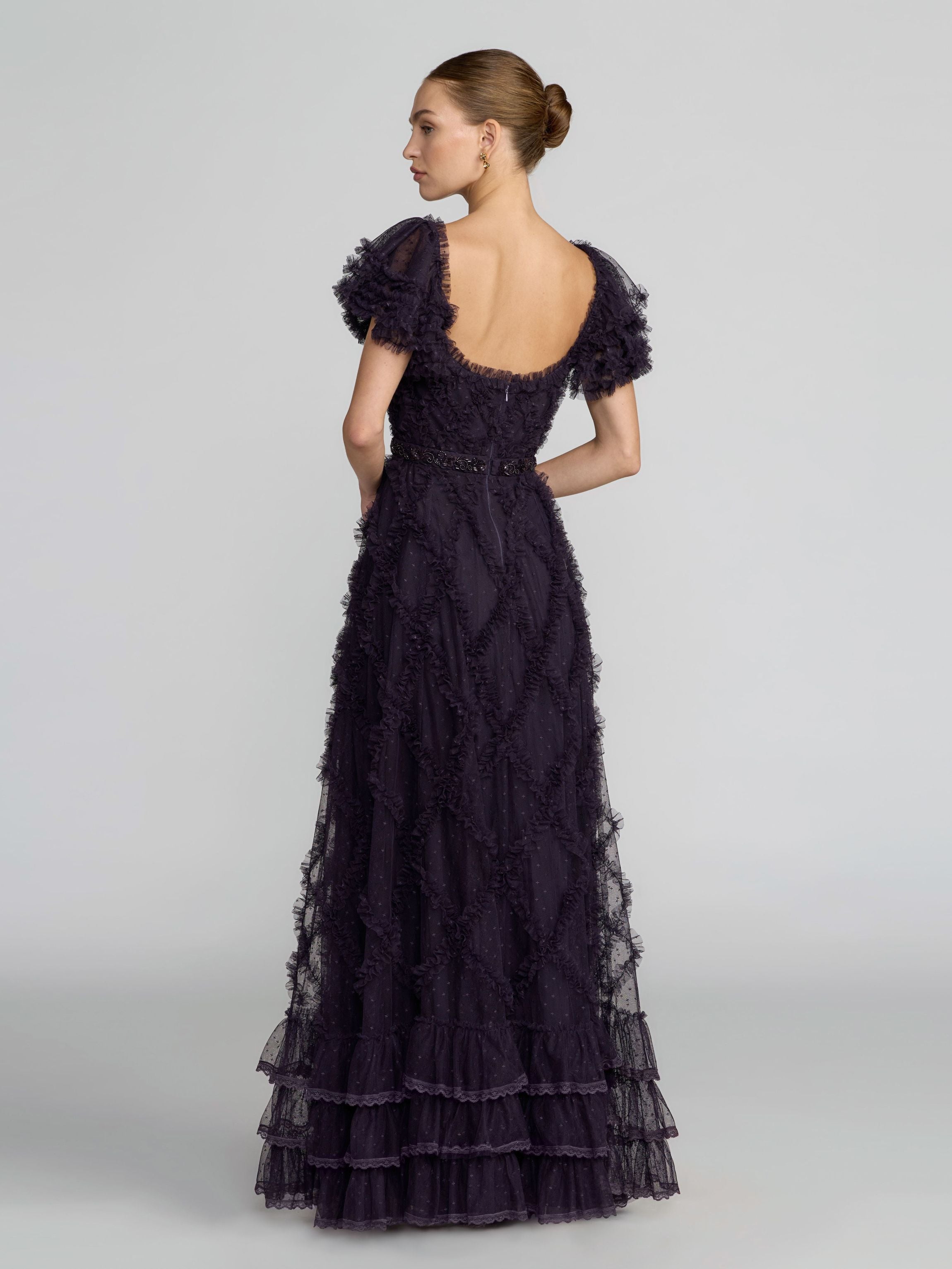 Dark Purple Tiered Ruffle Puff Sleeve Gown - Mac Duggal