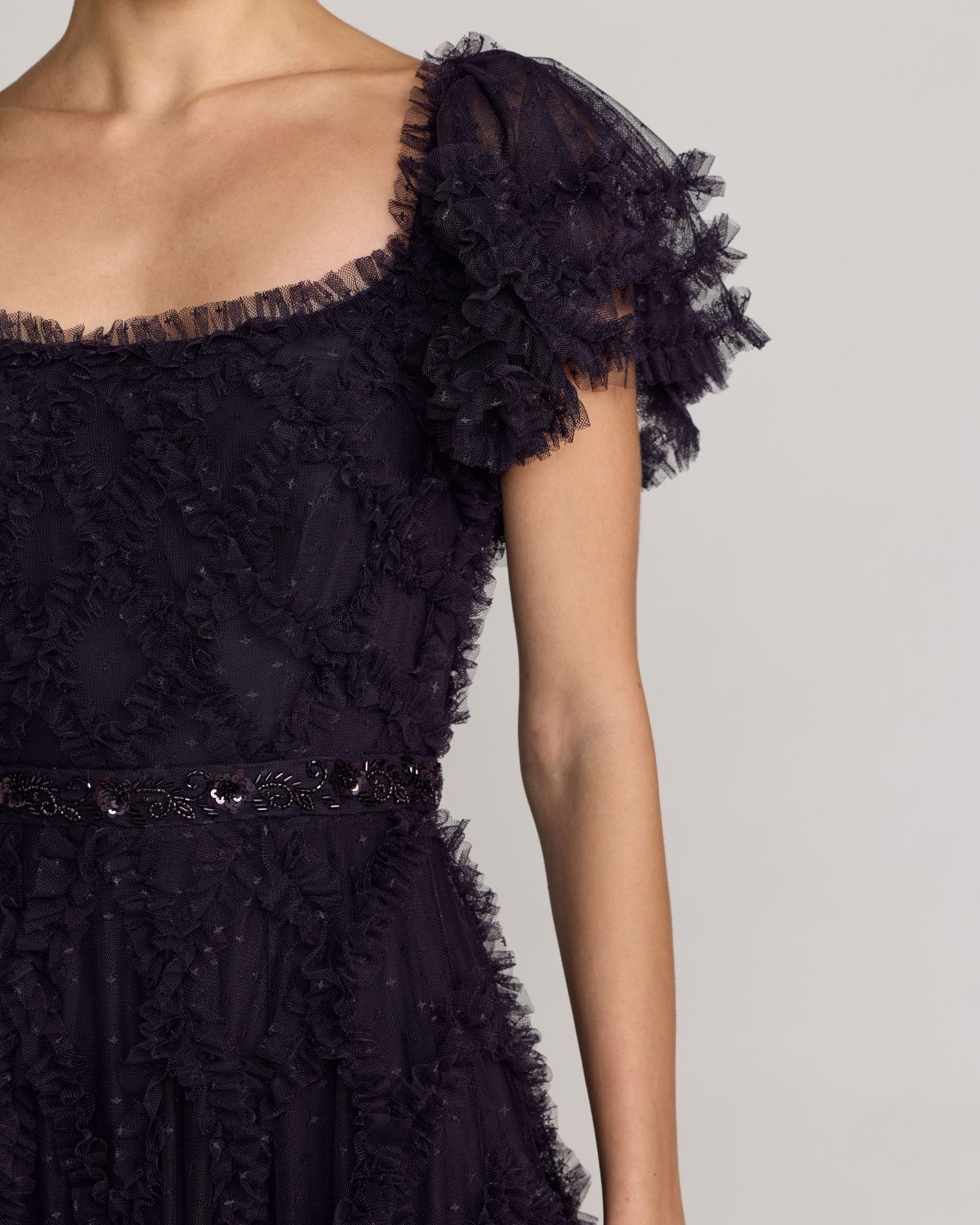 Dark Purple Tiered Ruffle Puff Sleeve Gown - Mac Duggal