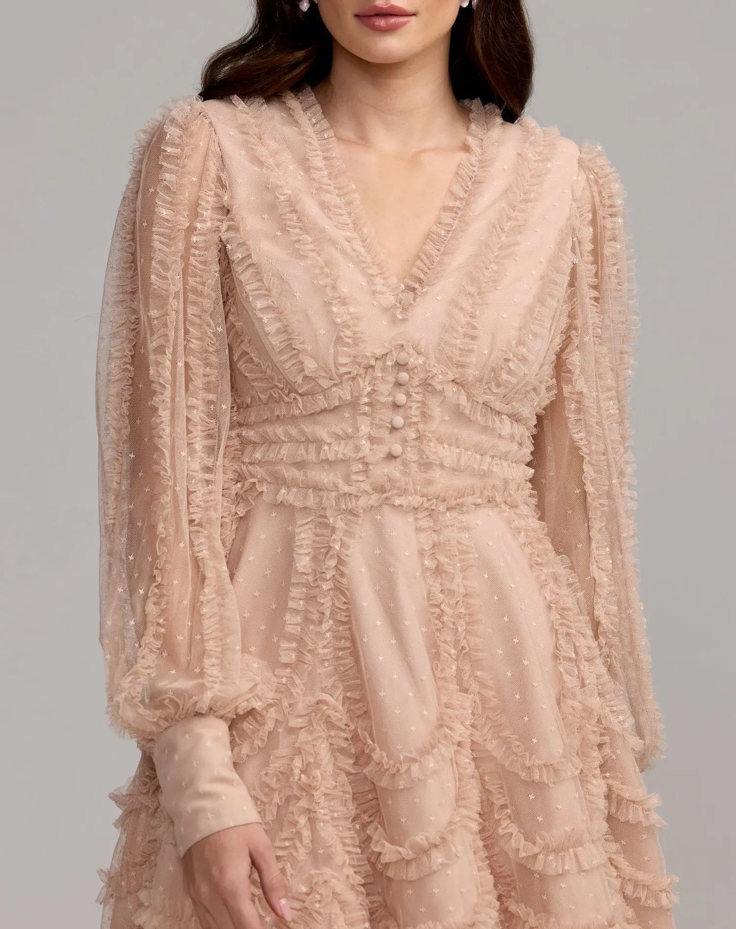 Beige Long Sleeve Micro Ruffle V Neck Mini Dress - Mac Duggal