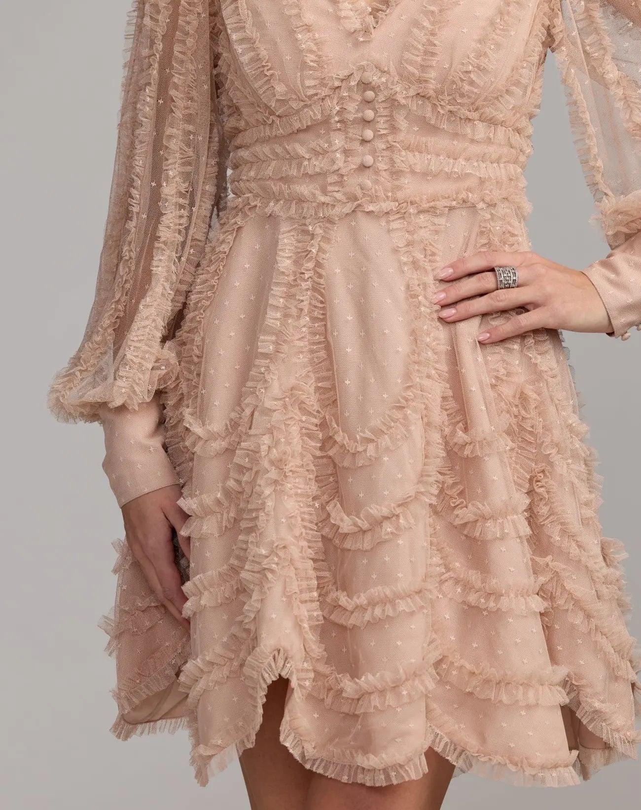 Beige Long Sleeve Micro Ruffle V Neck Mini Dress - Mac Duggal