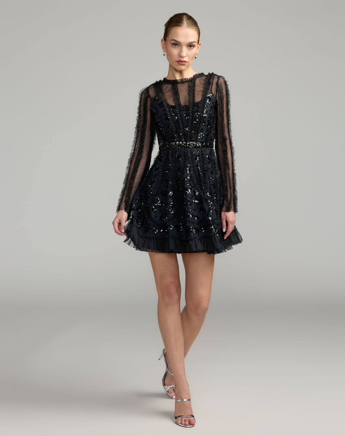 Black Nude Long Sleeve Sequin Ruffle Mini Dress - Mac Duggal