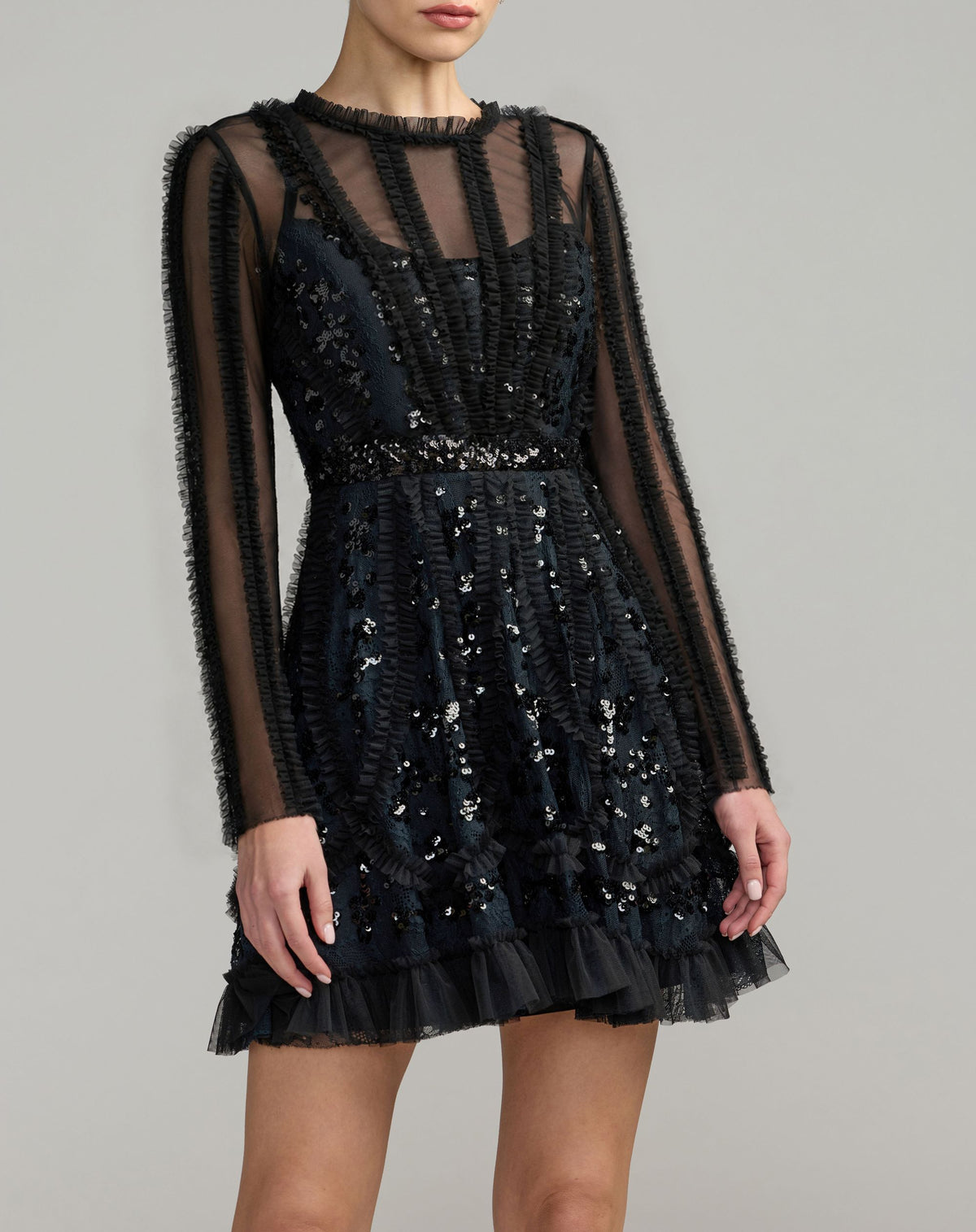 Black Nude Long Sleeve Sequin Ruffle Mini Dress - Mac Duggal