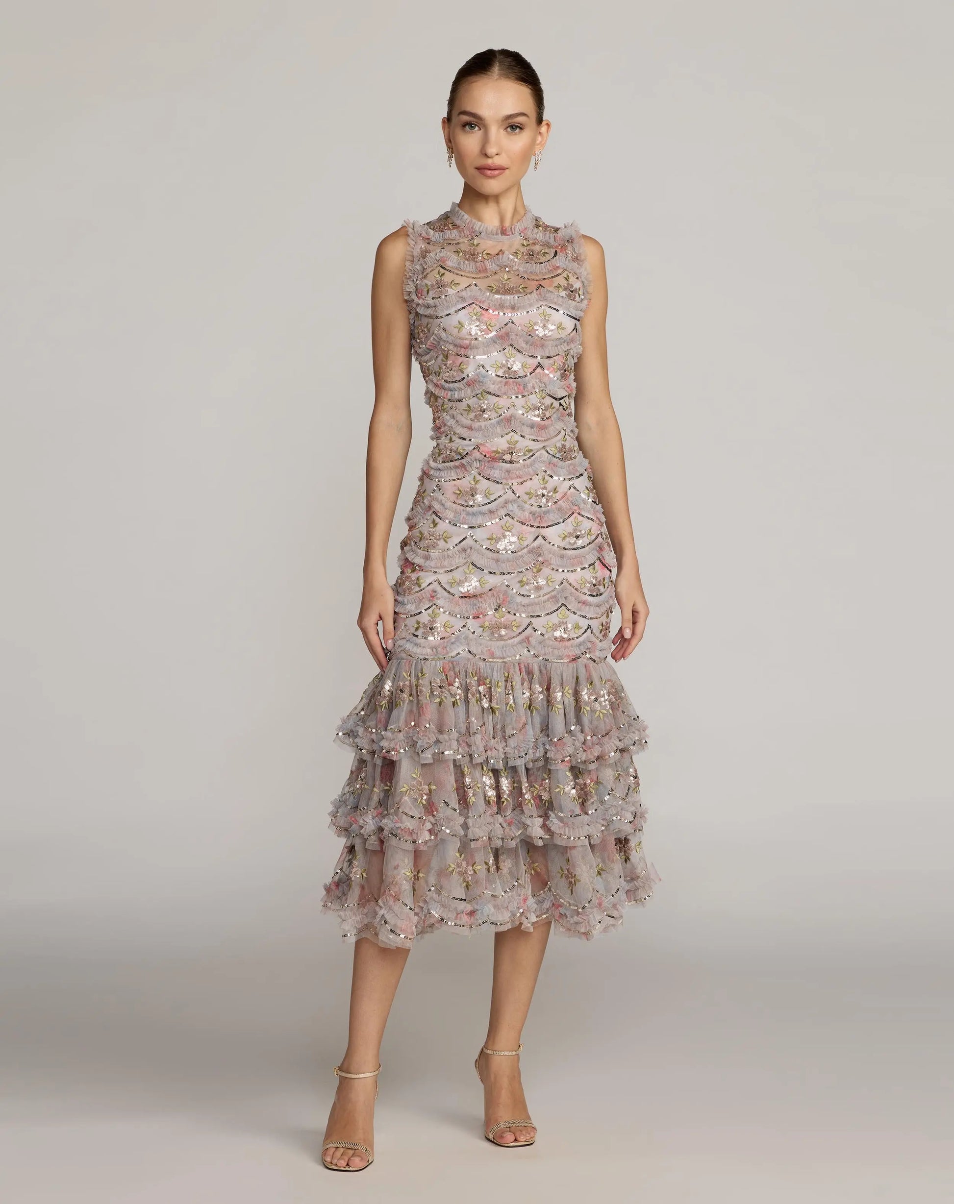 Mac Duggal - Multicolor Sleeveless Sequin Tiered Ruffle Midi Dress - Pastel Multi / US 2 Mac Duggal - Multicolor Sleeveless Sequin Tiered Ruffle Midi Dress - Pastel Multi / US 2