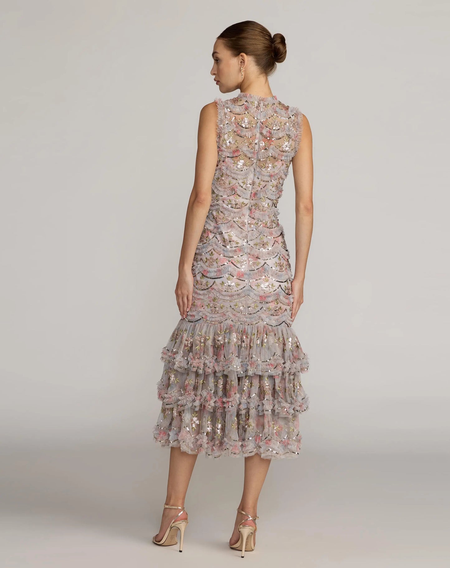 Multicolor Sleeveless Sequin Tiered Ruffle Midi Dress Mac Duggal