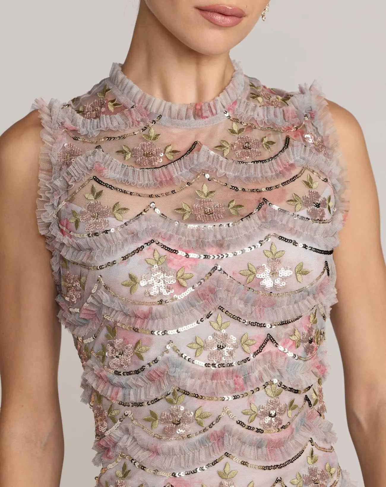 Multicolor Sleeveless Sequin Tiered Ruffle Midi Dress Mac Duggal